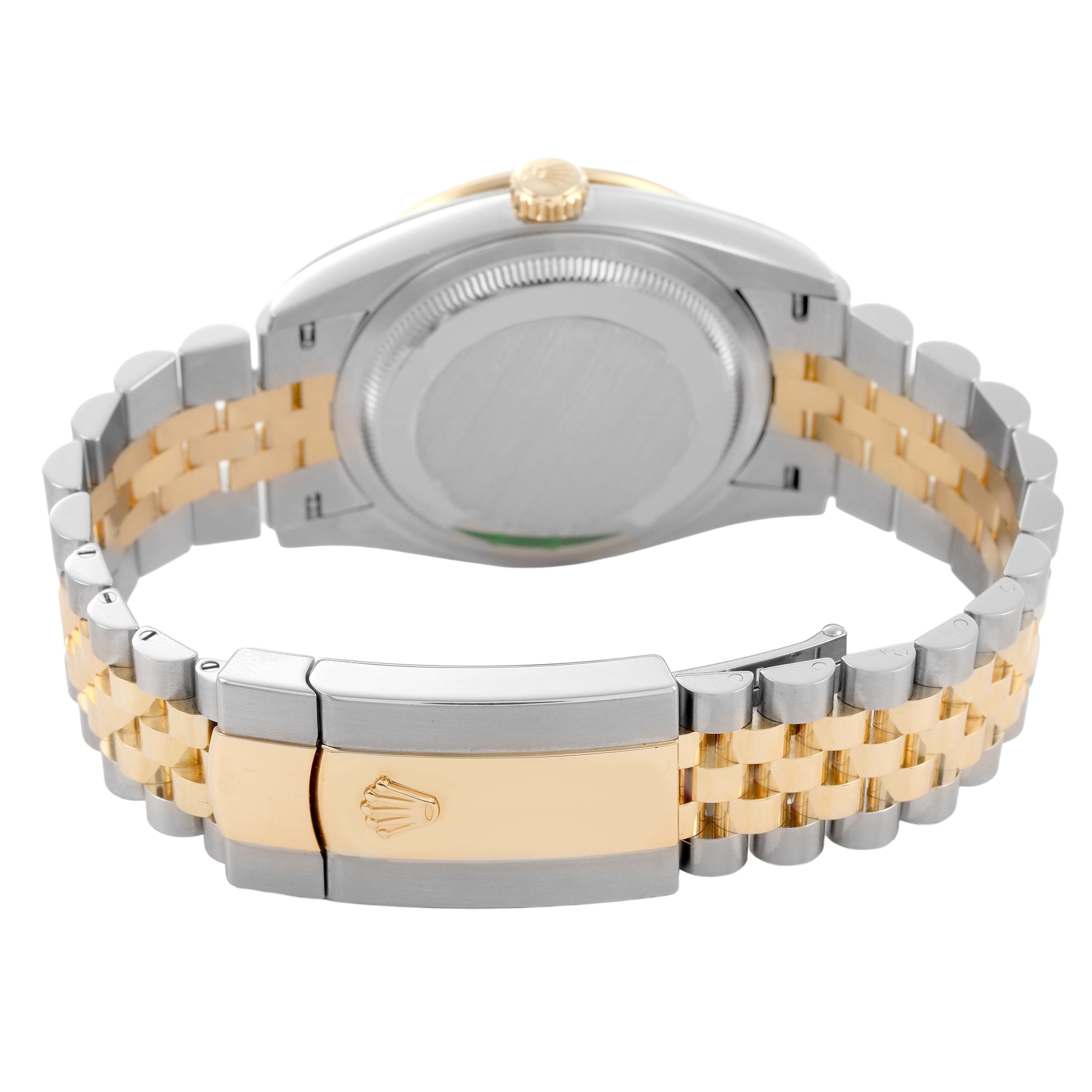 The image shows the back and bracelet of a Rolex Datejust 126283 Men's Steel and Gold (two tone) Silver Dial, highlighting the two-tone metal and clasp with the Rolex logo.