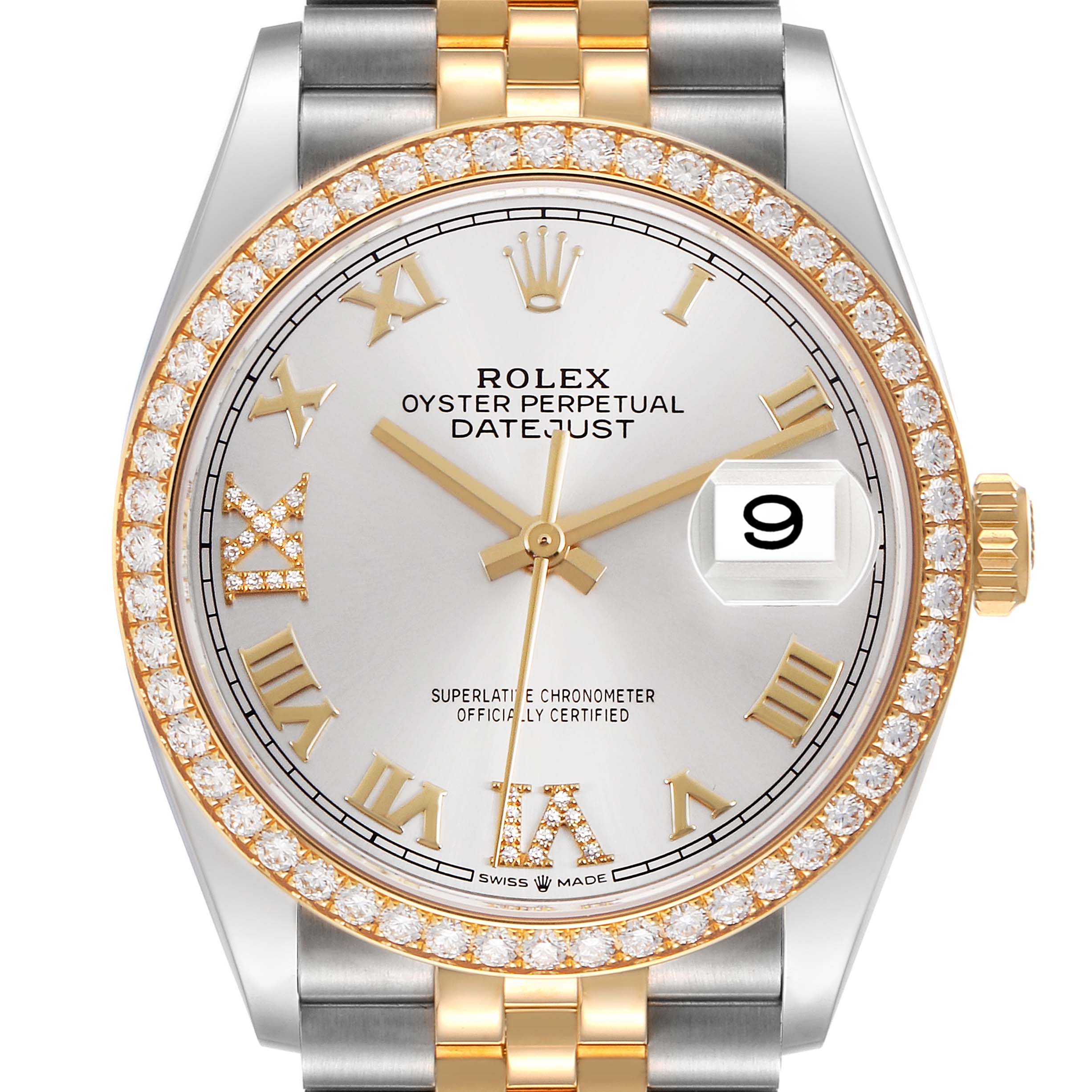 The Rolex Datejust 126283 Men's Steel and Gold (two tone) Silver Dial watch is shown from the front, highlighting the diamond bezel, dial with Roman numerals, and Jubilee bracelet.