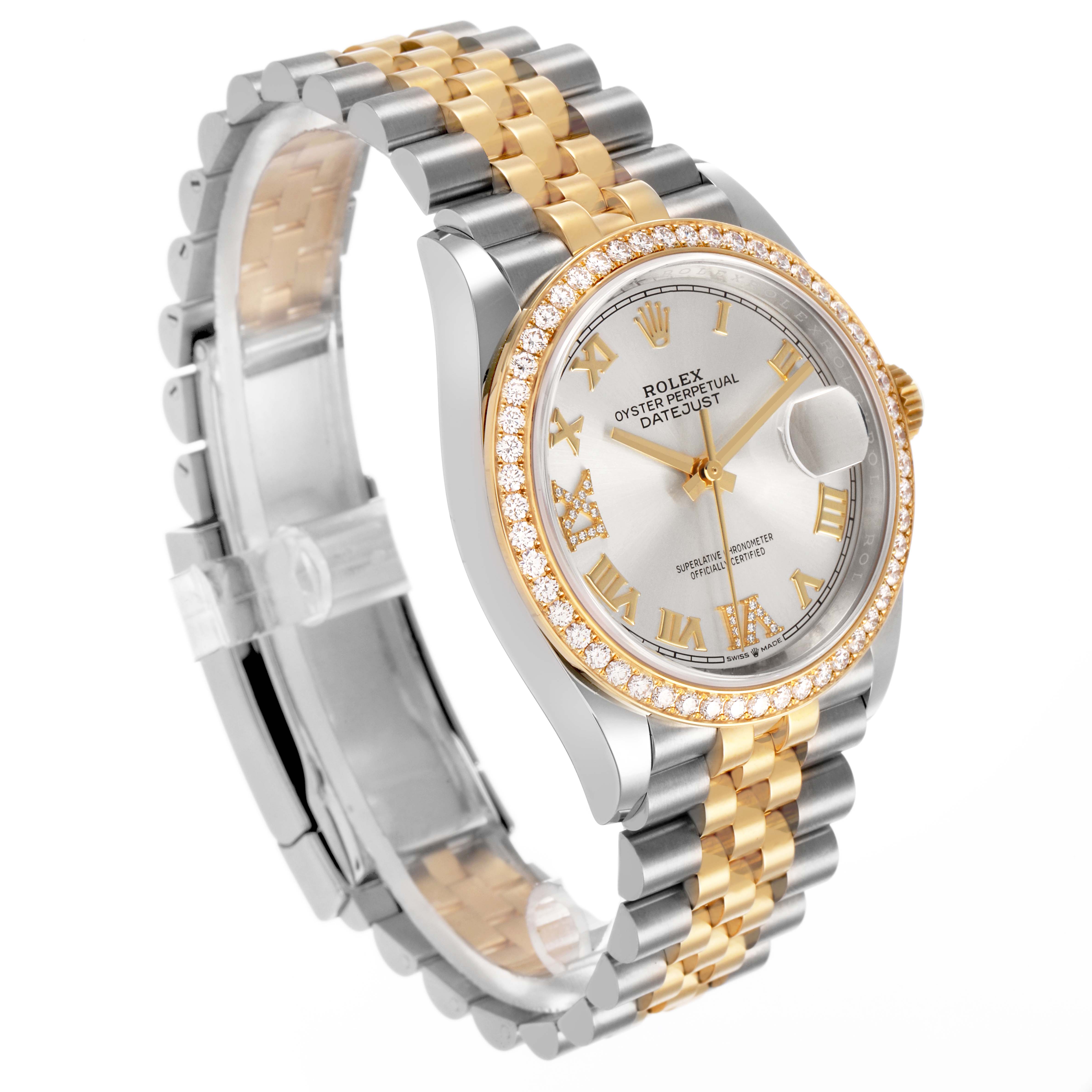 The Rolex Datejust 126283 Men's Steel and Gold (two tone) Silver Dial watch is shown at a three-quarter angle, highlighting the dial, bracelet, and diamond bezel.