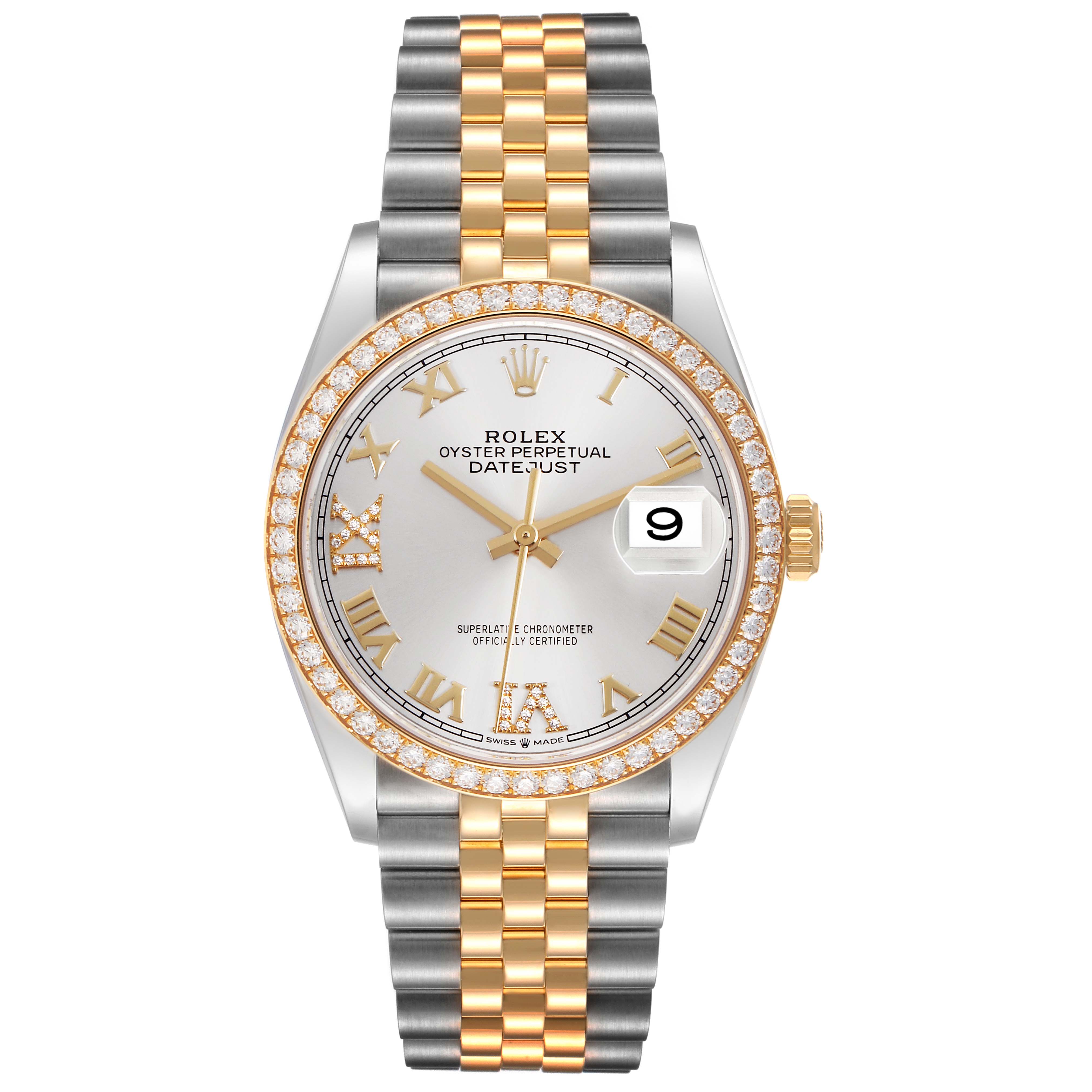 The Rolex Datejust 126283 Men's Steel and Gold (two tone) Silver Dial watch is shown from the front, displaying its dial, bezel, and two-tone bracelet.