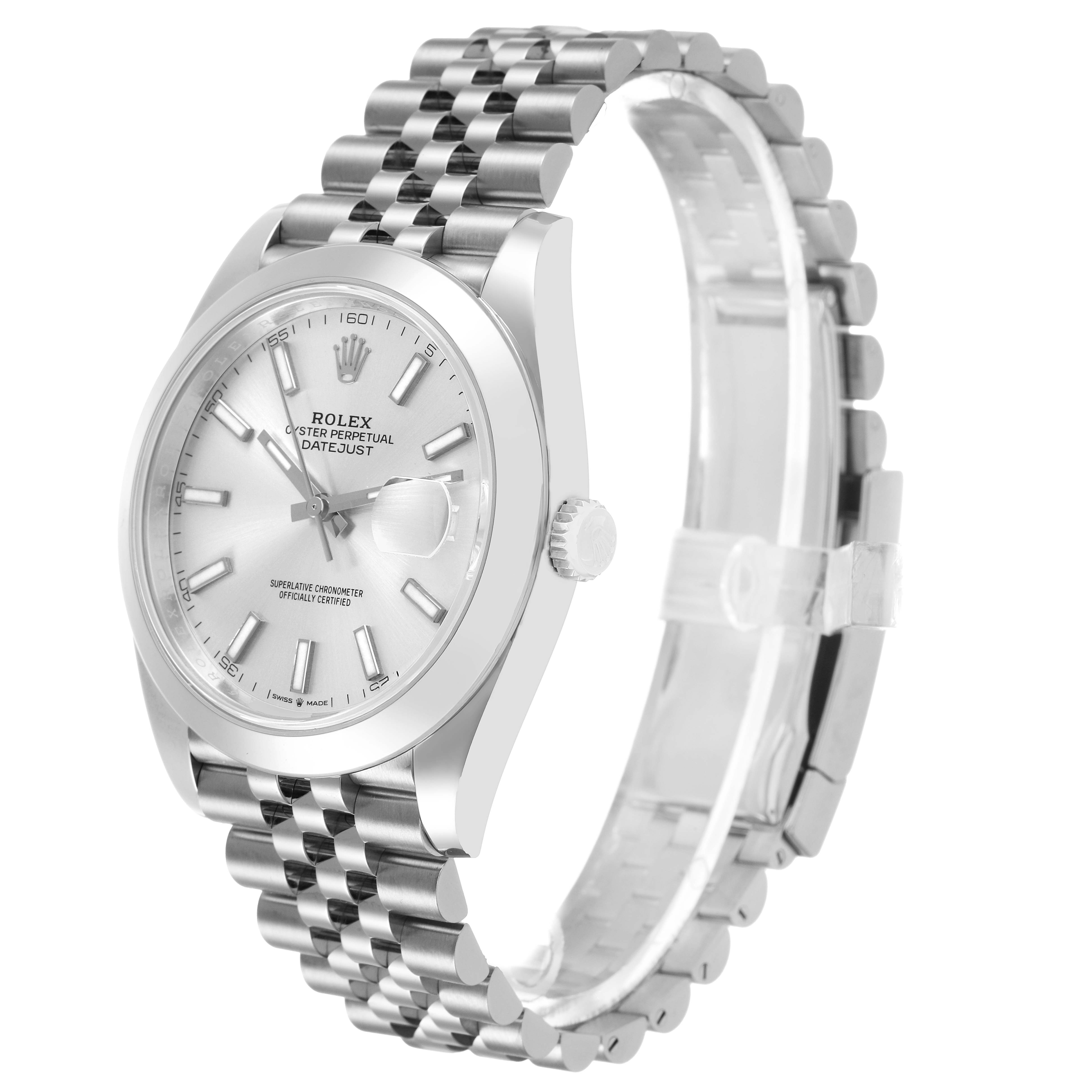 The Rolex Datejust 41 126300 Men's Stainless Steel Grey Dial watch is shown at a slight angle, displaying its face, crown, and Jubilee bracelet.