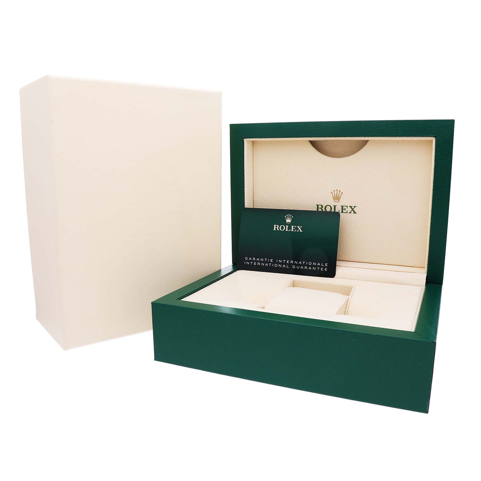 The image shows the open packaging of a Rolex Datejust 41 126300 Men's Stainless Steel Grey Dial, featuring the box and warranty card.