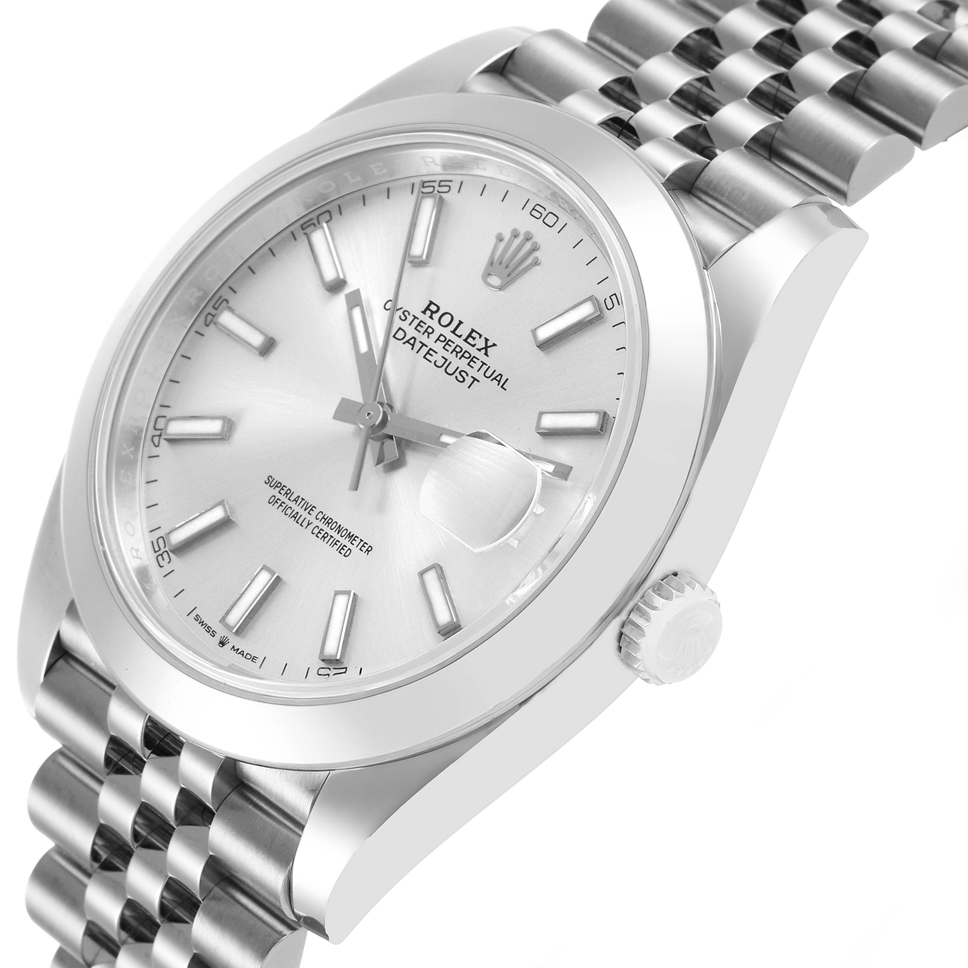 The Rolex Datejust 41 126300 Men's Stainless Steel Grey Dial is shown at a three-quarter angle, highlighting the dial, cyclops lens, bezel, crown, and jubilee bracelet.