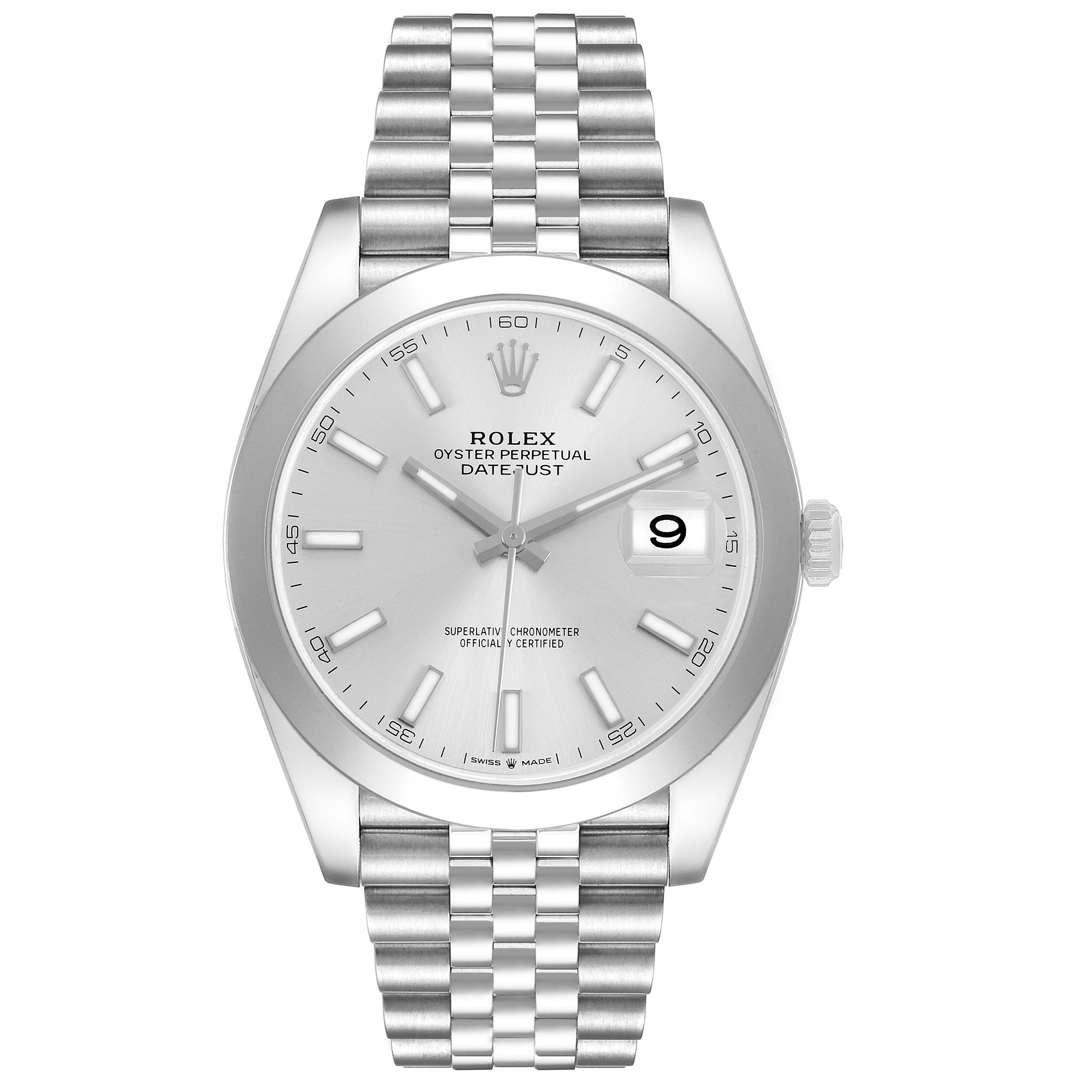 The Rolex Datejust 41 126300 Men's Stainless Steel Grey Dial is shown from a front angle, highlighting the dial, bezel, and bracelet.