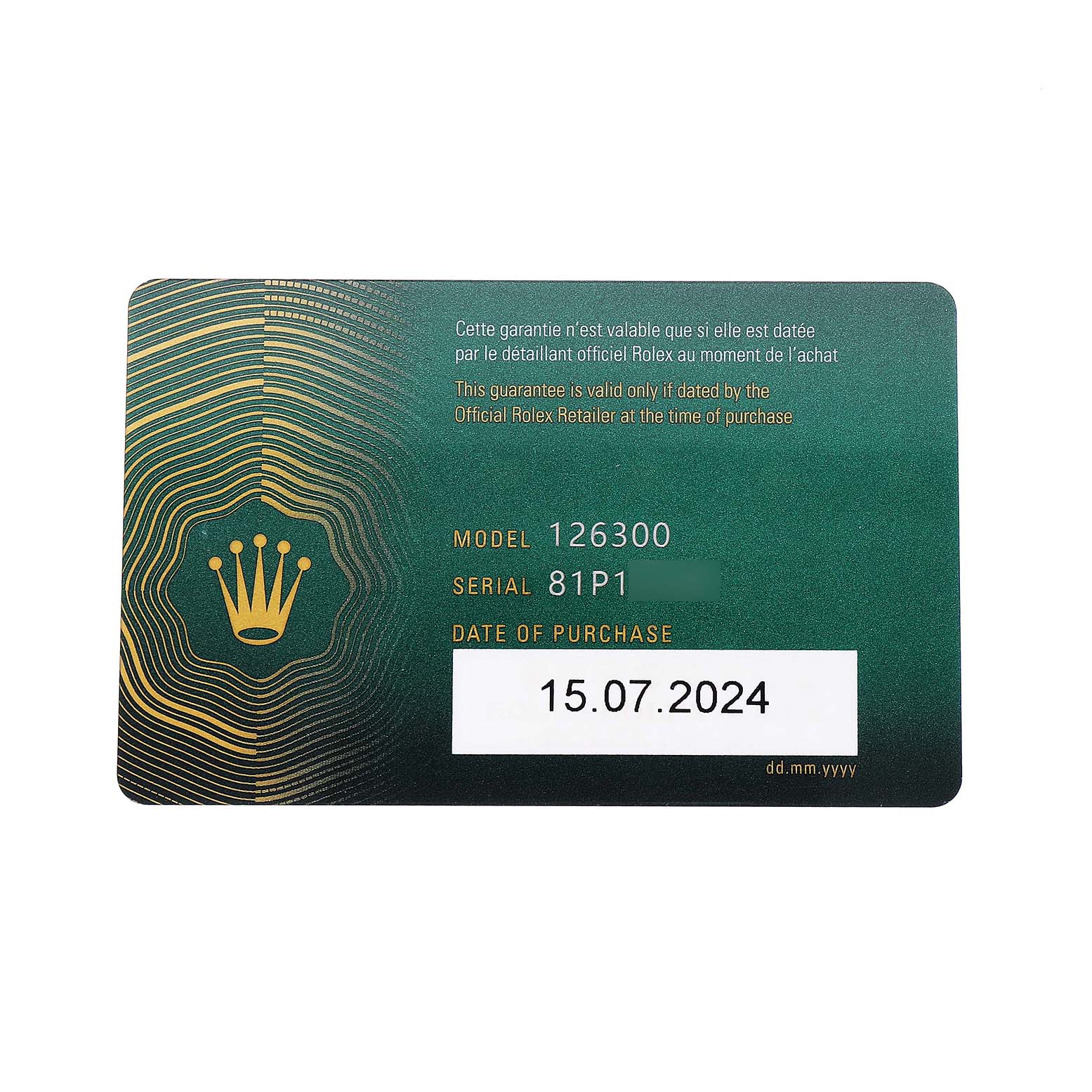 The image shows a warranty card for a Rolex Datejust 41 126300 Men's Stainless Steel Grey Dial, featuring model and serial numbers and the purchase date.
