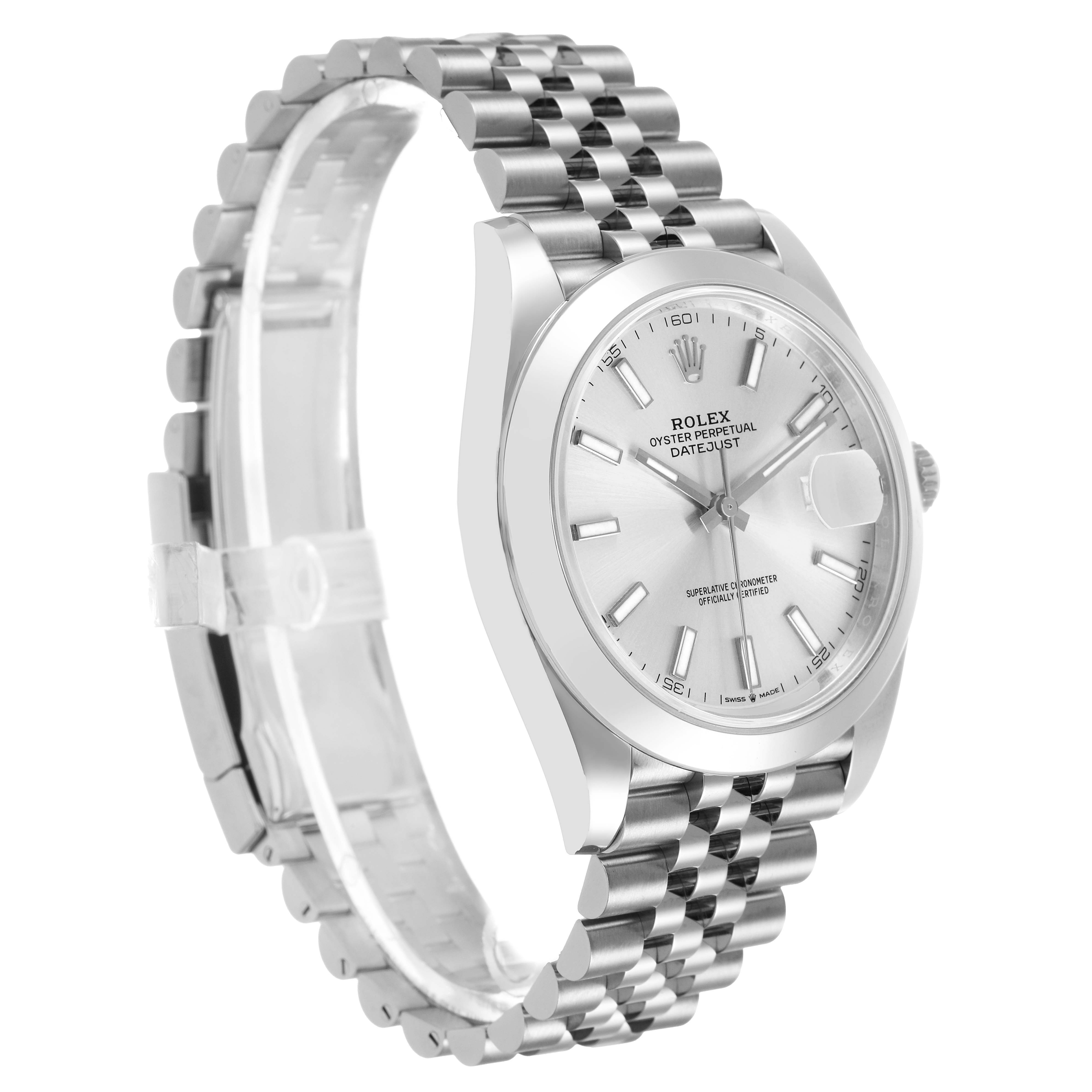 The Rolex Datejust 41 126300 Men's Stainless Steel Grey Dial is shown at a slight angle highlighting the silver dial, fluted bezel, and Jubilee bracelet.