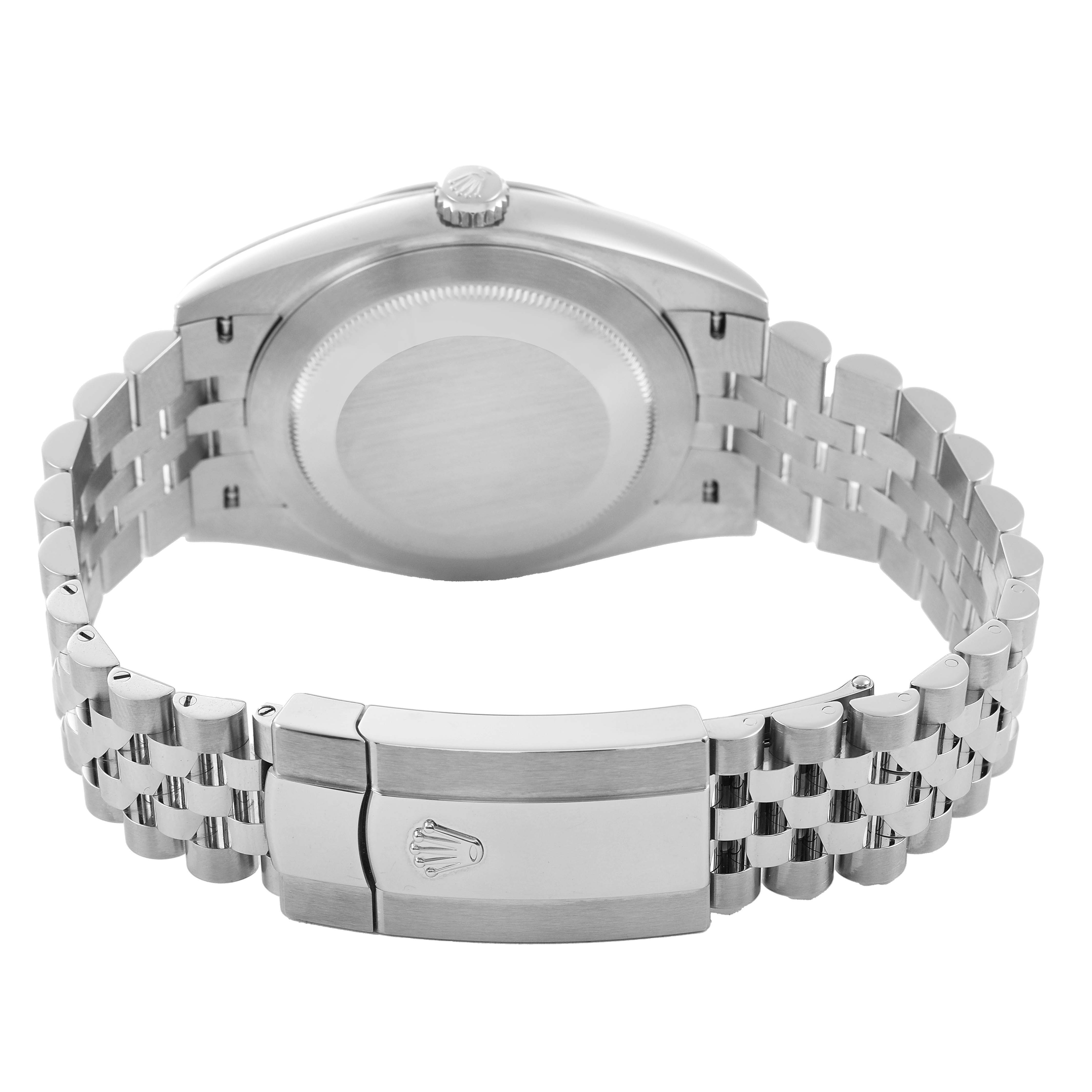 The image shows the back view of a Rolex Datejust 41 126300 Men's Stainless Steel Grey Dial, highlighting the caseback, crown, and Jubilee bracelet with the clasp.