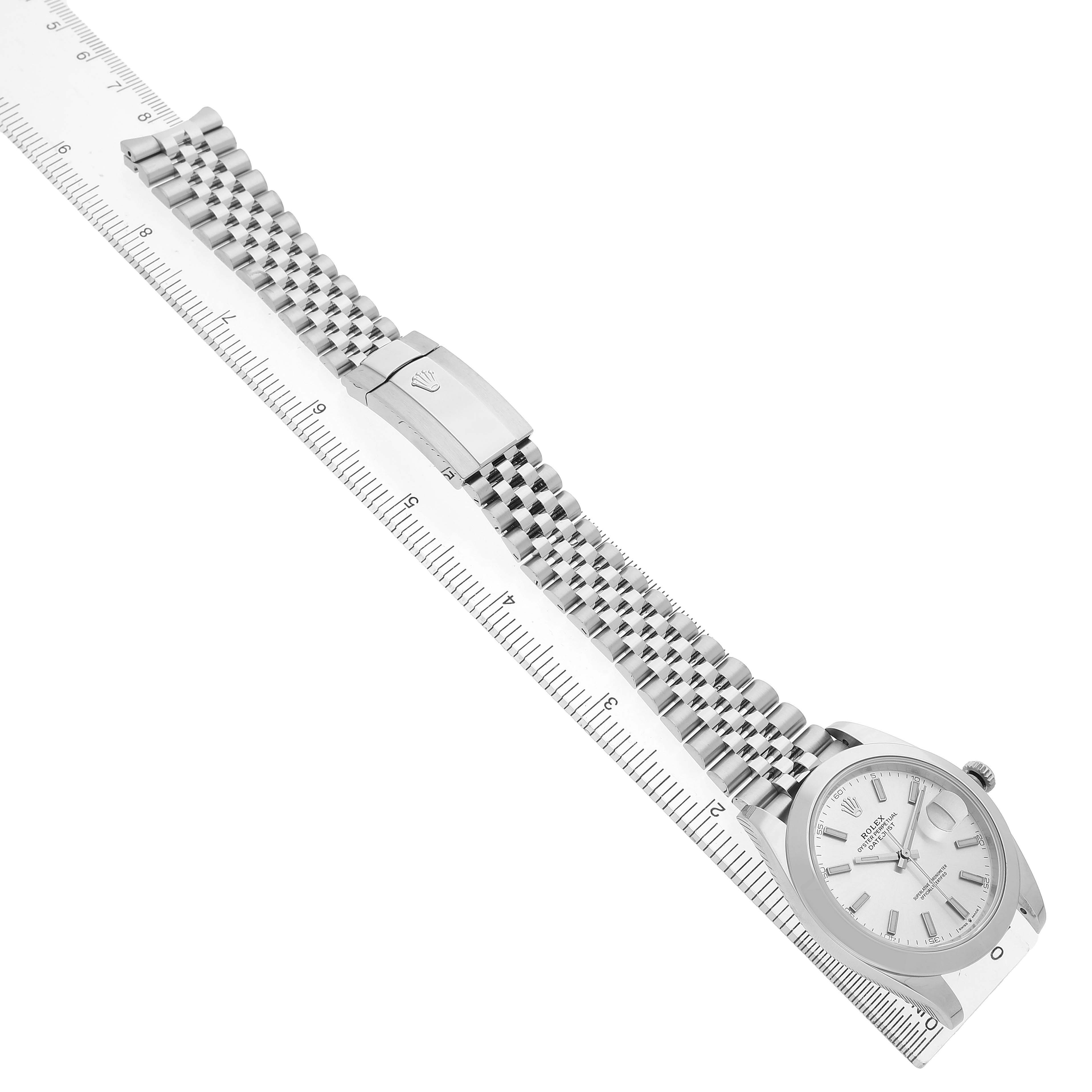 The Rolex Datejust 41 126300 Men's Stainless Steel Grey Dial watch is shown at an angle, featuring the full bracelet, clasp, and dial alongside a ruler for scale.