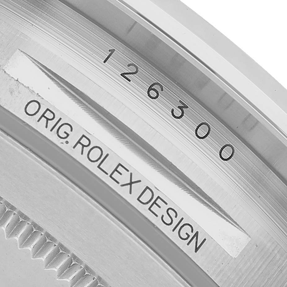 The image shows the inner bezel of a Rolex Datejust 41 126300 Men's Stainless Steel Grey Dial with the model number and "Orig Rolex Design" inscription.