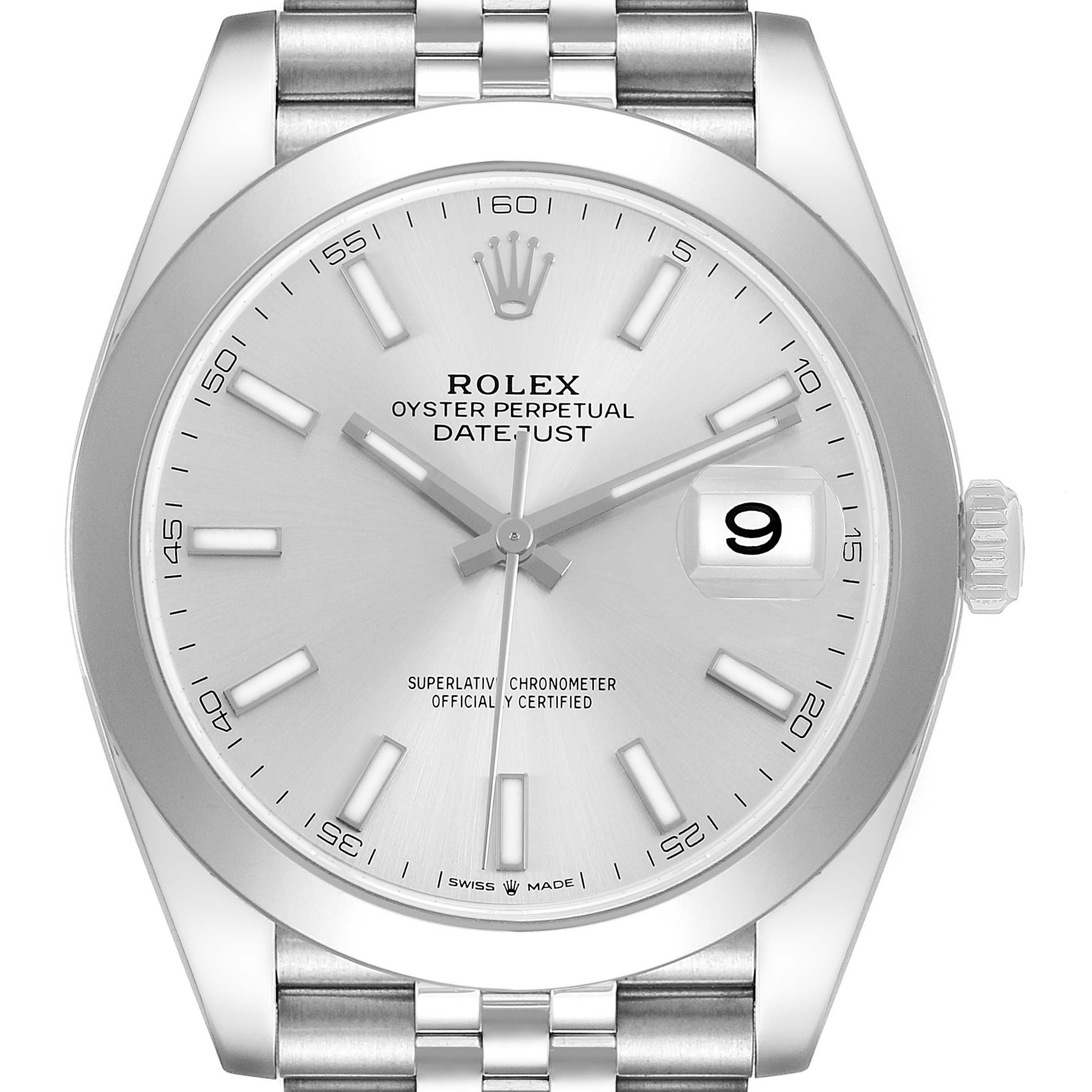 The Rolex Datejust 41 126300 Men's Stainless Steel Grey Dial is shown from the front, highlighting the dial, bezel, and part of the bracelet.