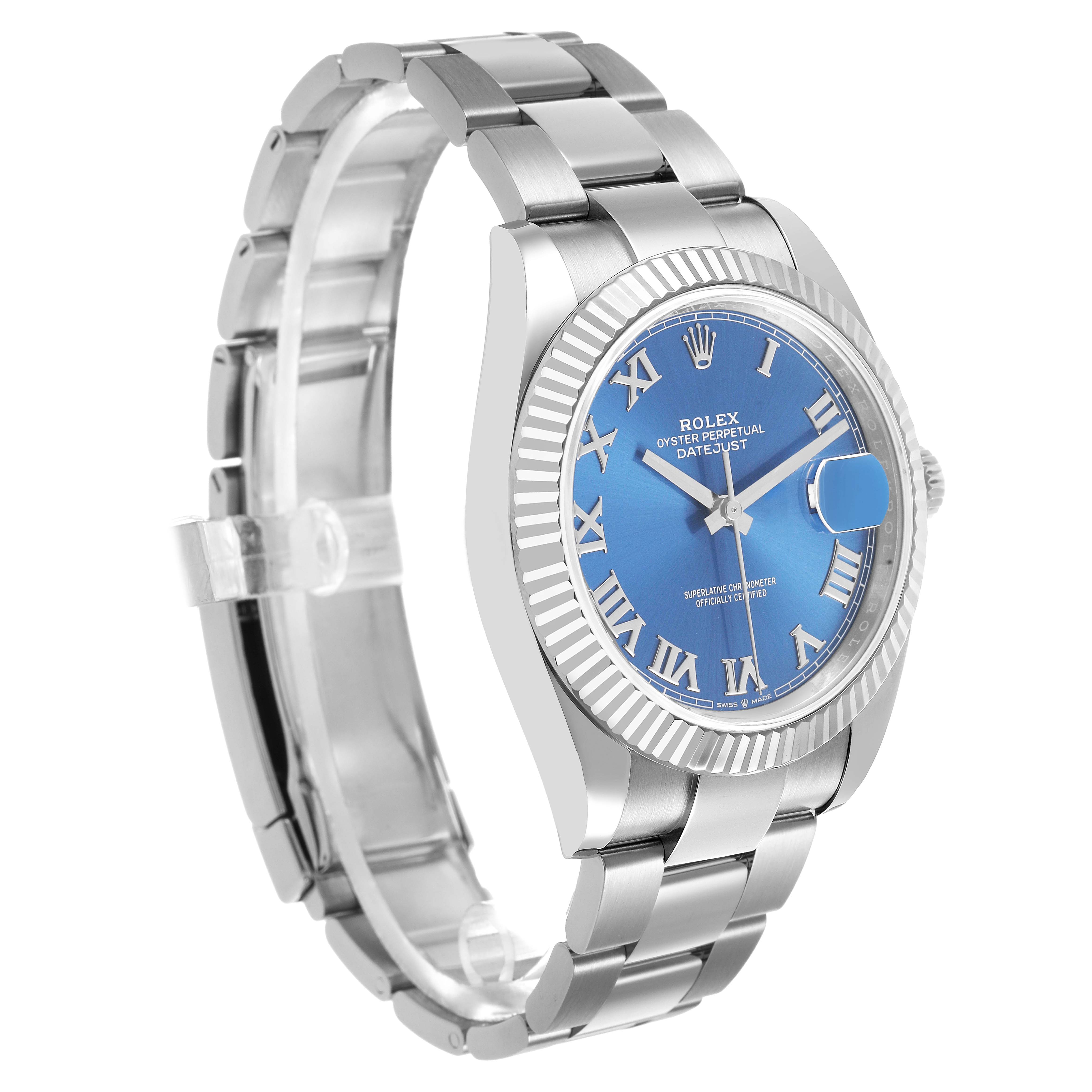 The Rolex Datejust 41 126334 Men's Stainless Steel Blue Dial is shown at a side angle, highlighting the blue dial, fluted bezel, and metal bracelet.