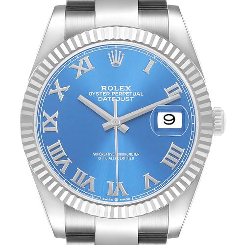 The Rolex Datejust 41 126334 Men's Stainless Steel Blue Dial is shown from a top-down angle, highlighting the blue dial, date magnification, and fluted bezel.