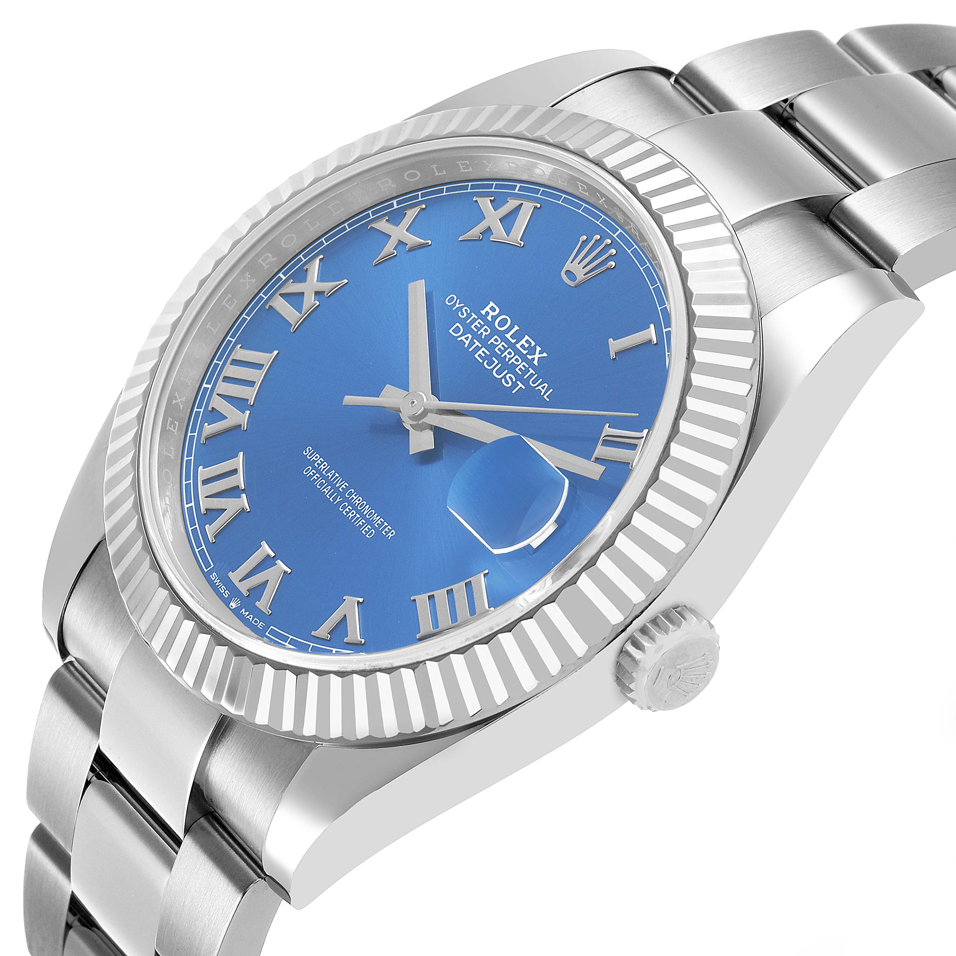 The Rolex Datejust 41 126334 Men's Stainless Steel Blue Dial is shown at an angle highlighting the blue dial, fluted bezel, and part of the bracelet.