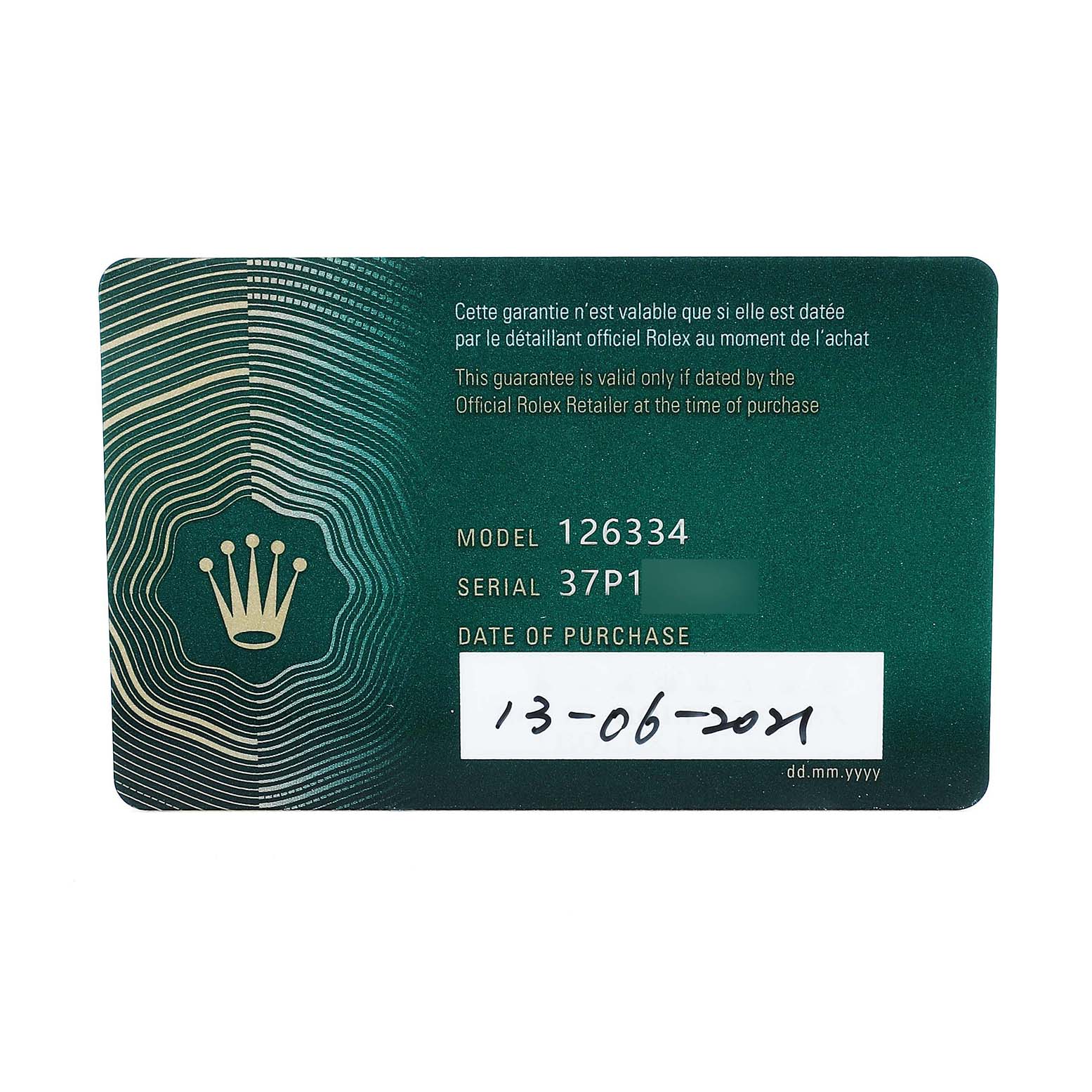 The image shows a warranty card for the Rolex Datejust 41 126334 Men's Stainless Steel Blue Dial, featuring model and serial numbers.
