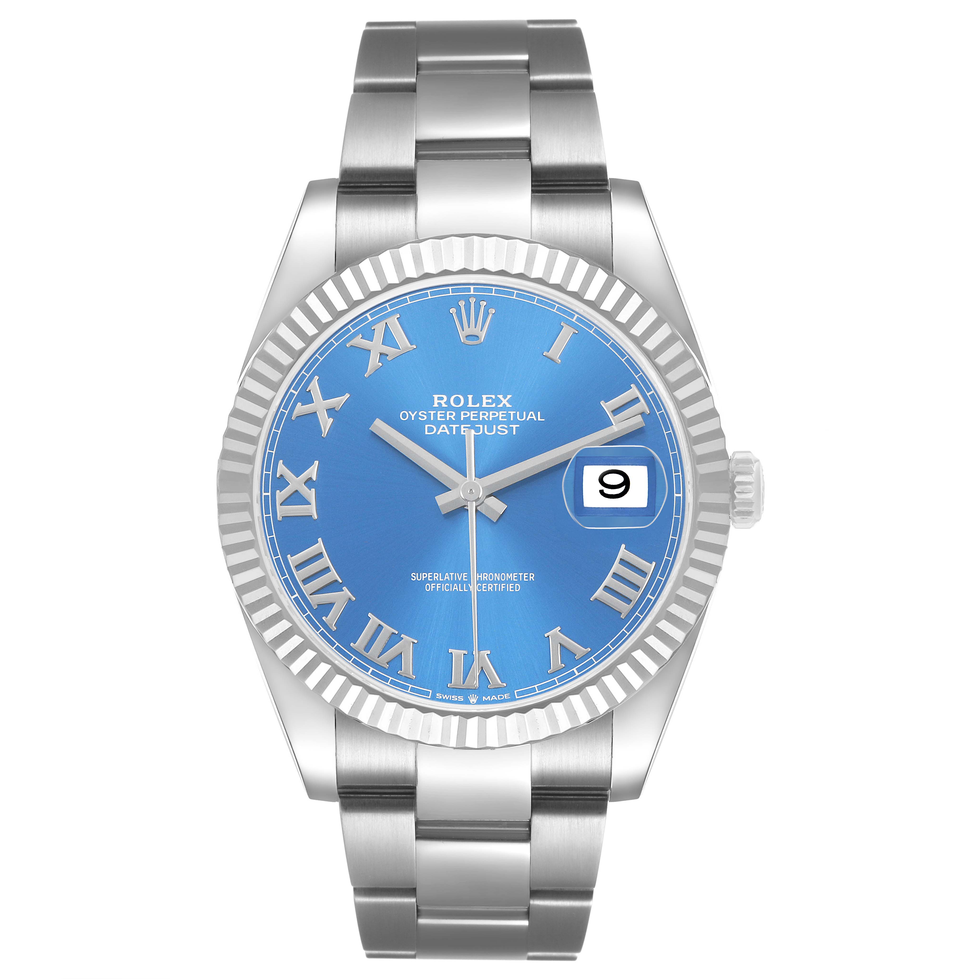 The Rolex Datejust 41 126334 Men's Stainless Steel Blue Dial is shown from the front, featuring a blue dial, Roman numeral hour markers, and fluted bezel.