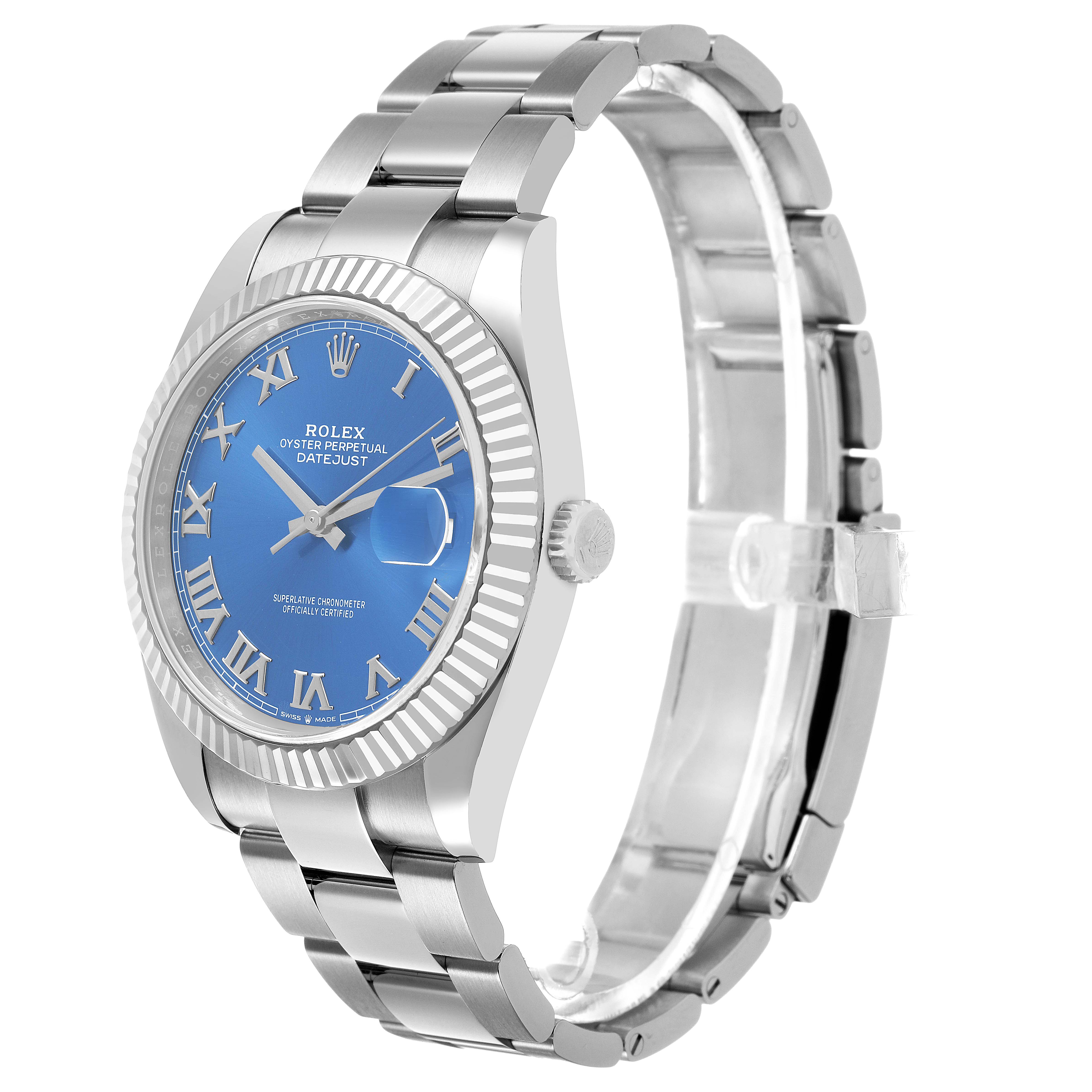 The Rolex Datejust 41 126334 Men's Stainless Steel Blue Dial model is shown at a slight angle, highlighting the blue dial, fluted bezel, and stainless steel bracelet.