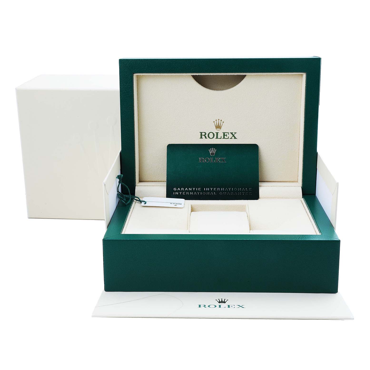 The image shows a Rolex Datejust 41 126334 Men's Stainless Steel Blue Dial box set with the packaging, guarantee card, and cushion, viewed from the front.