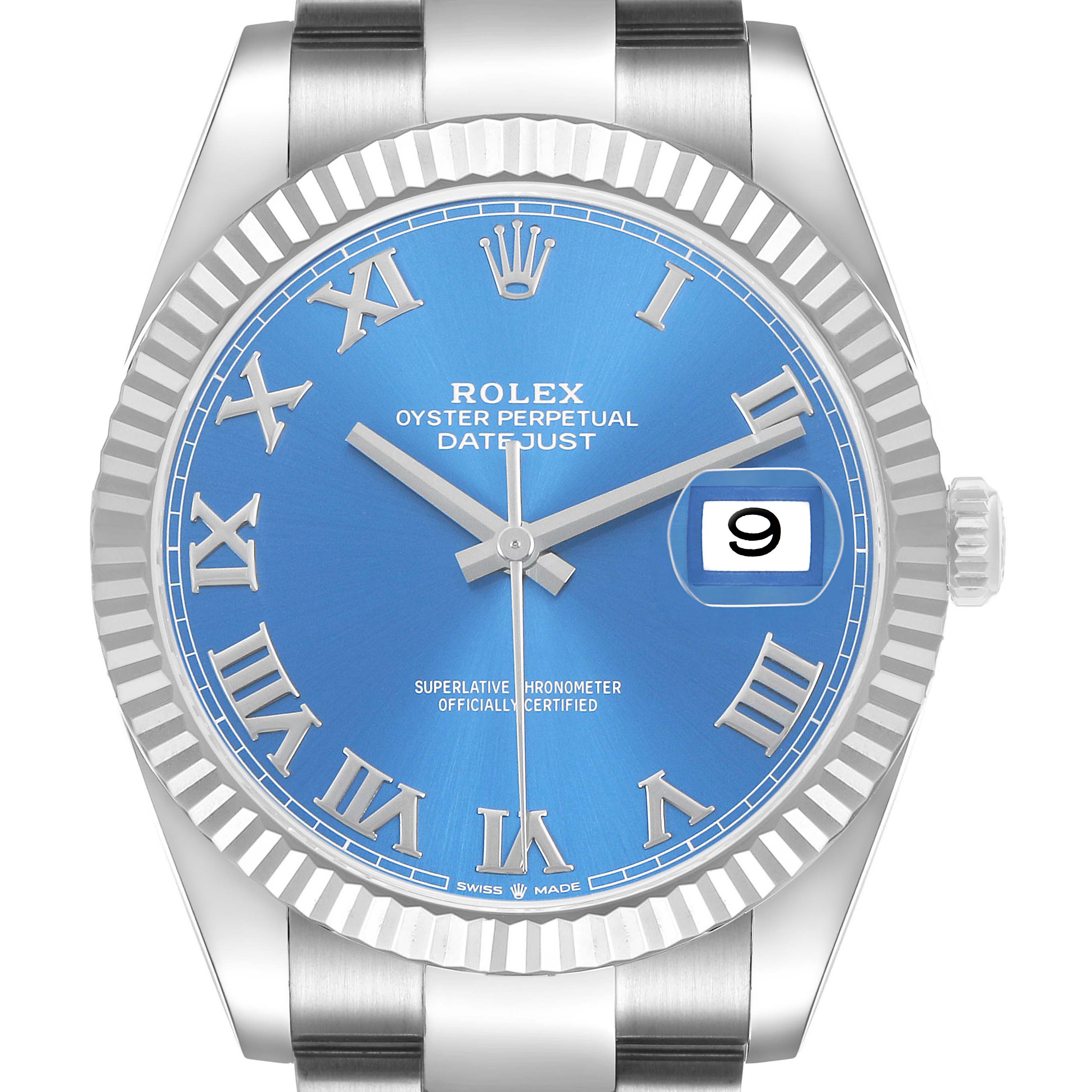 The Rolex Datejust 41 126334 Men's Stainless Steel Blue Dial is shown from the front, highlighting the blue dial, fluted bezel, and date window.
