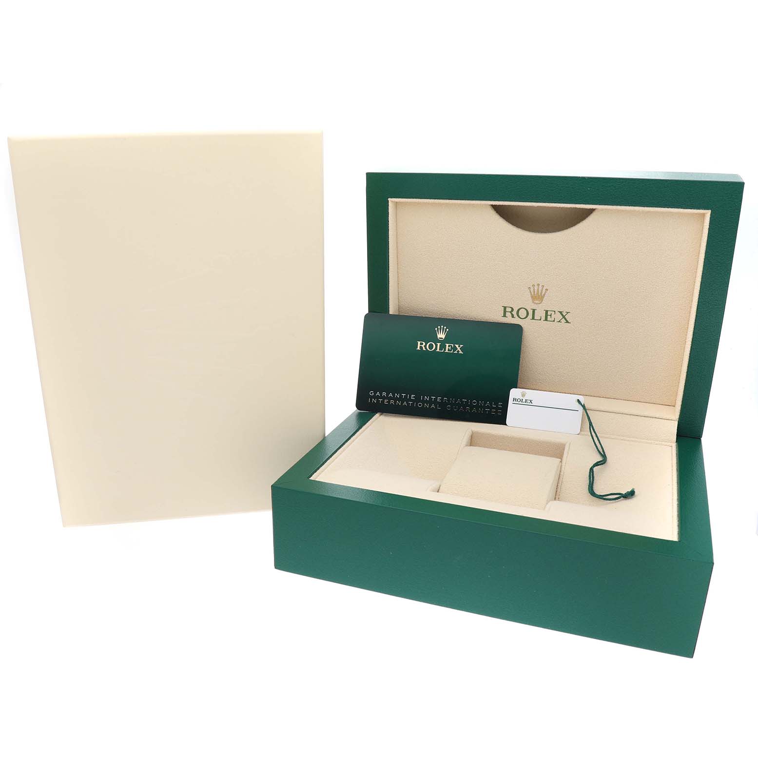 The Rolex Datejust 41 126334 Men's Stainless Steel Blue Dial box is shown open, displaying the interior, warranty card, and packaging accessories.