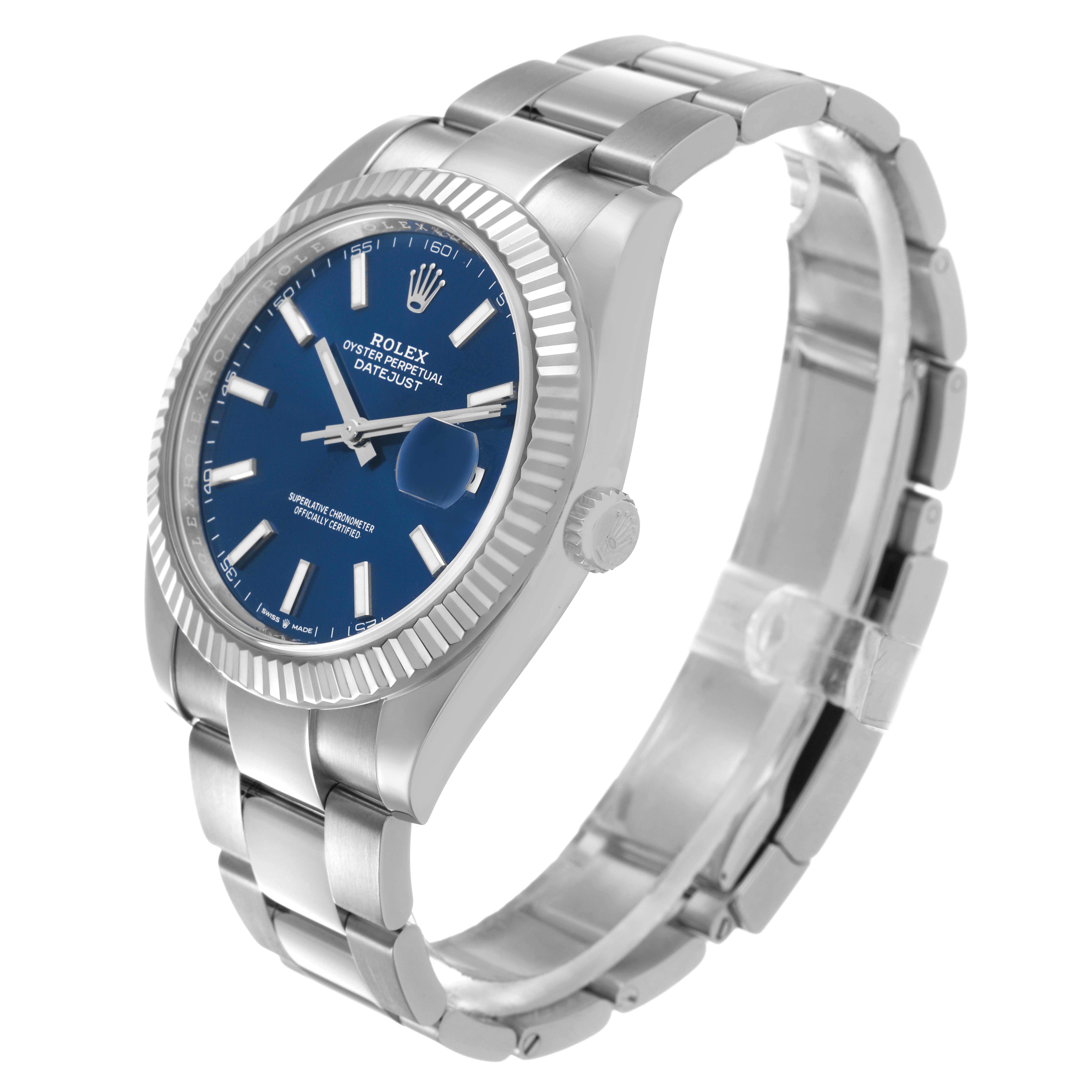The Rolex Datejust 41 126334 Men's Stainless Steel Blue Dial is shown at a slight angle, highlighting the dial, bezel, crown, and bracelet.