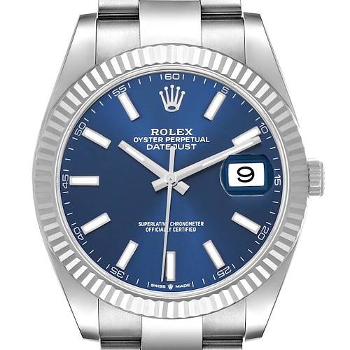 The Rolex Datejust 41 126334 Men's Stainless Steel Blue Dial is shown from a front angle, highlighting the dial, hands, date window, and bezel.