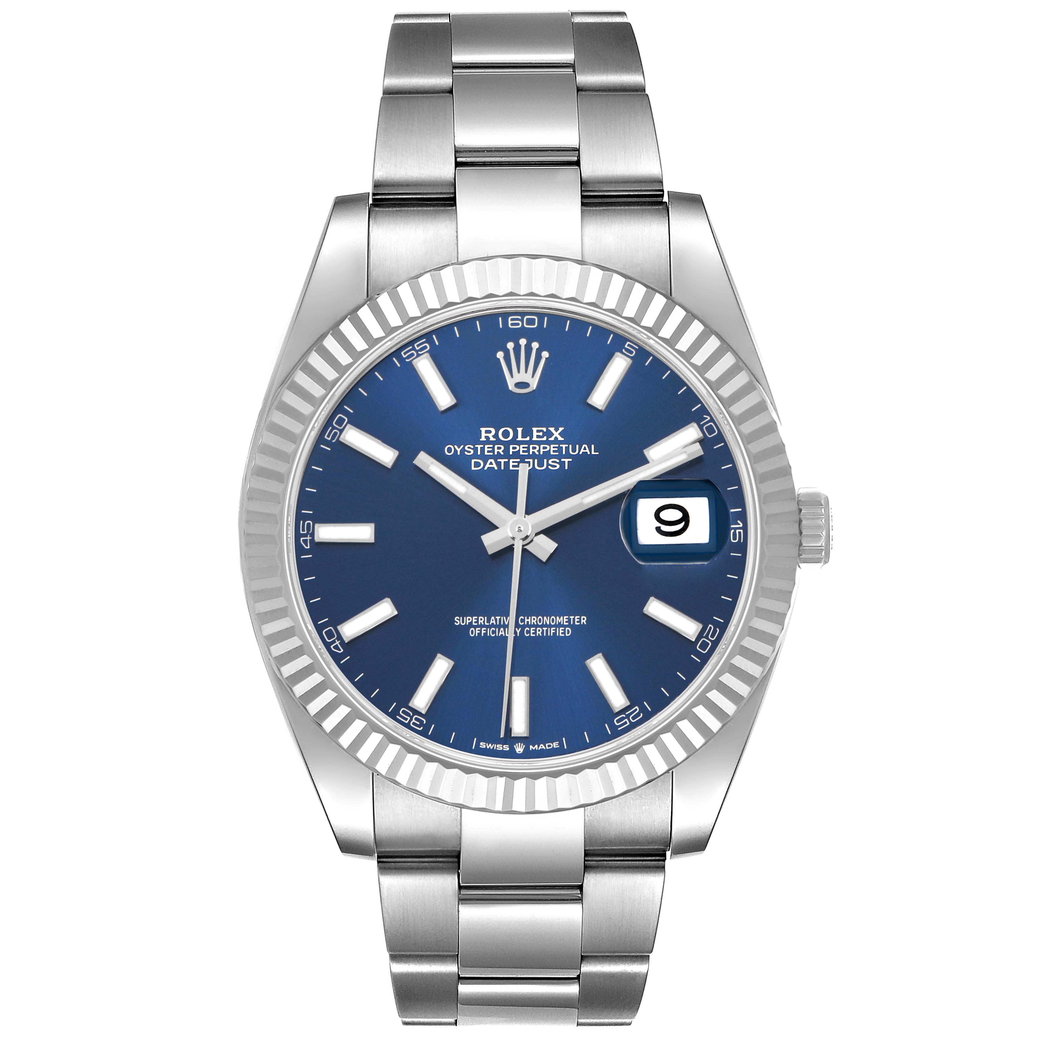 The Rolex Datejust 41 126334 Men's Stainless Steel Blue Dial watch is shown from a front view, displaying the dial, bezel, and bracelet.