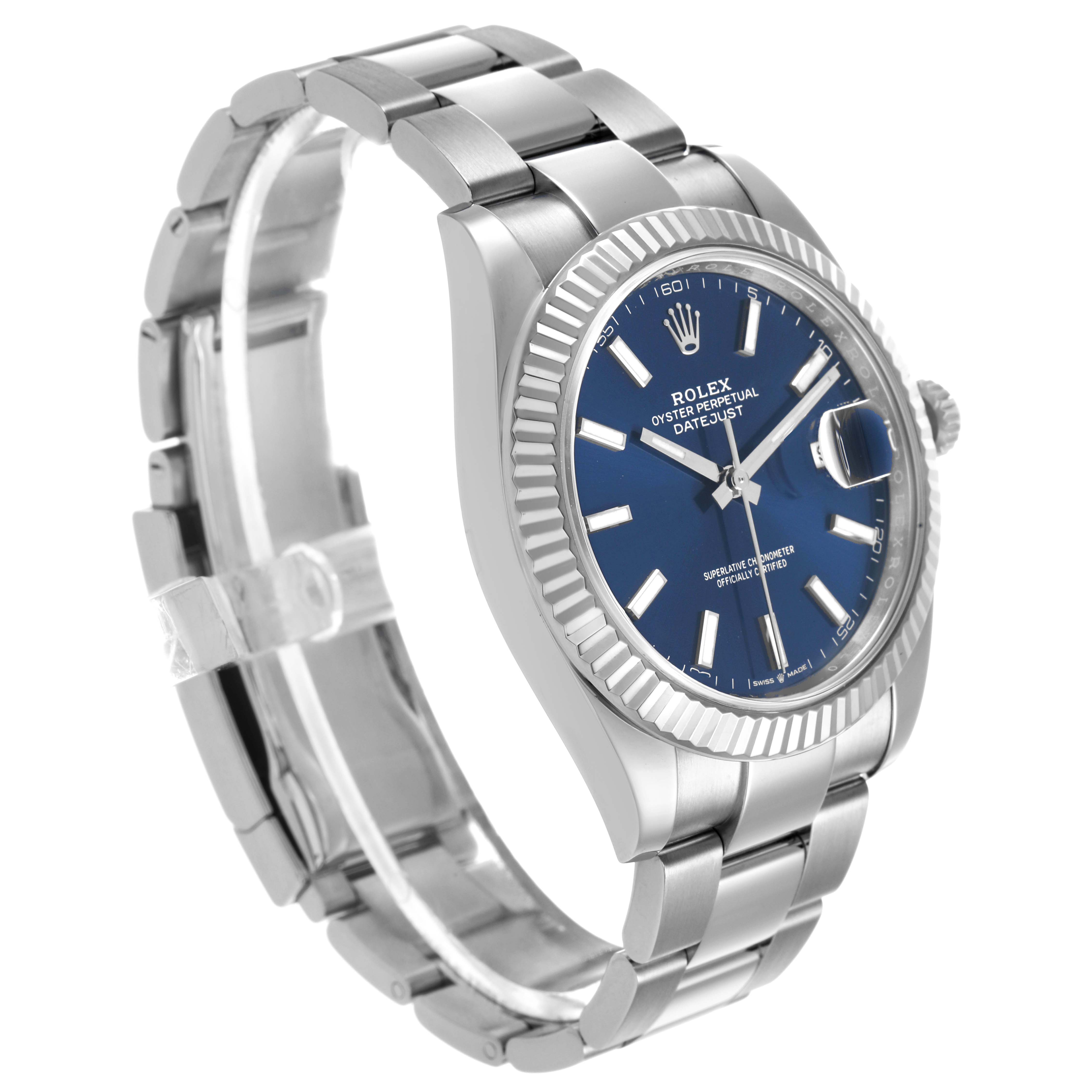 The Rolex Datejust 41 126334 Men's Stainless Steel Blue Dial is shown at a three-quarter angle displaying the dial, fluted bezel, crown, and part of the bracelet.