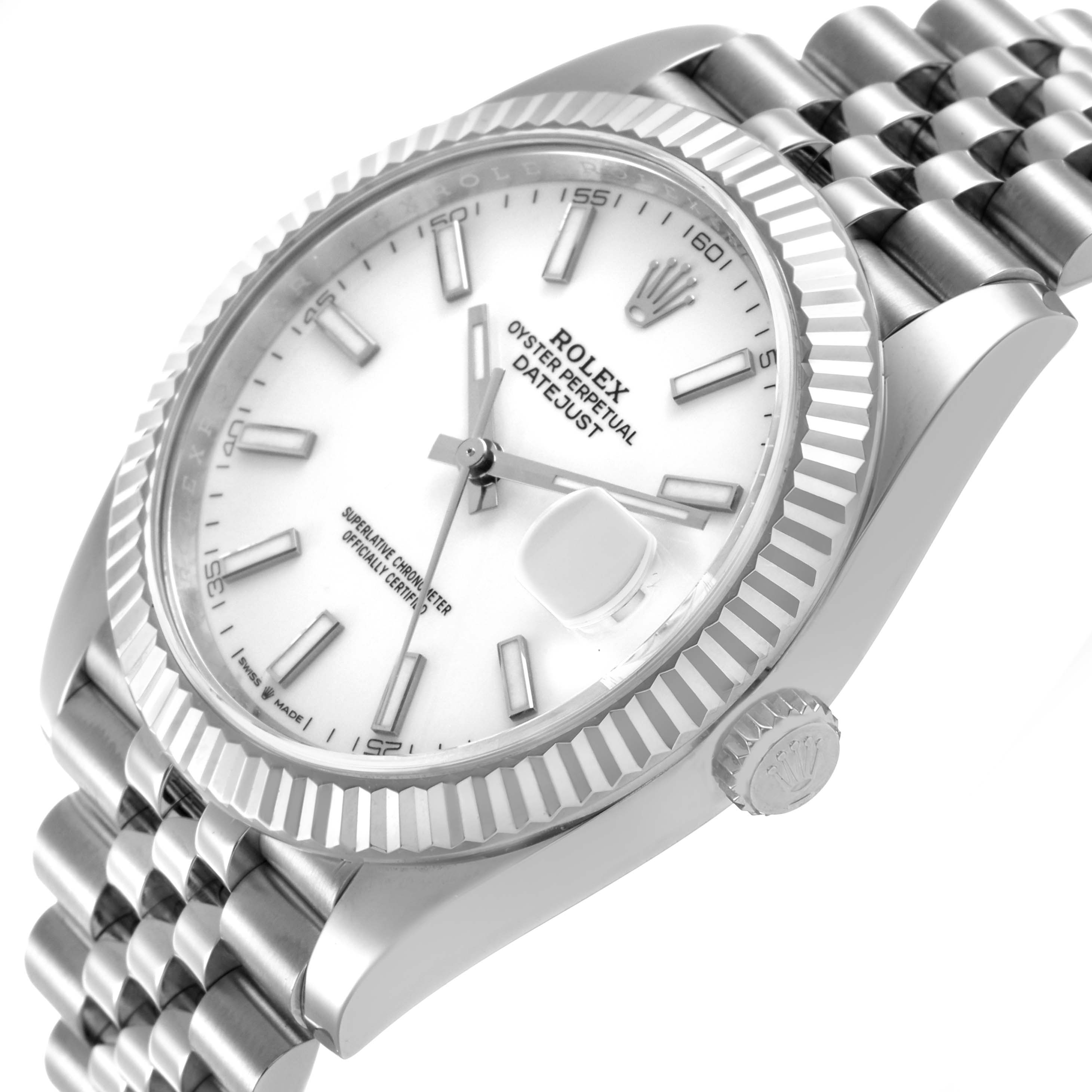 The Rolex Datejust 41 126334 Men's Stainless Steel White Dial is shown at a slight angle, highlighting the bezel, dial, crown, and bracelet.