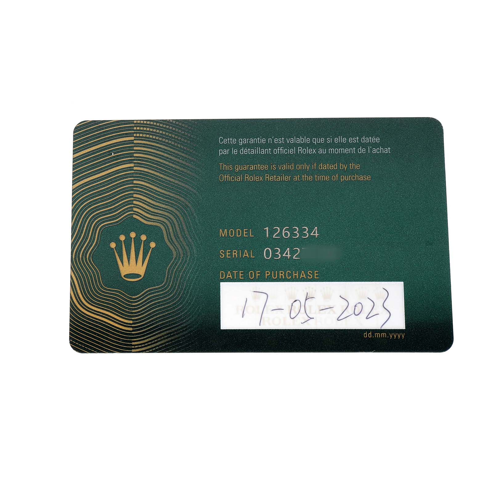 The image shows a green warranty card for the Rolex Datejust 41 126334 Men's Stainless Steel White Dial model.