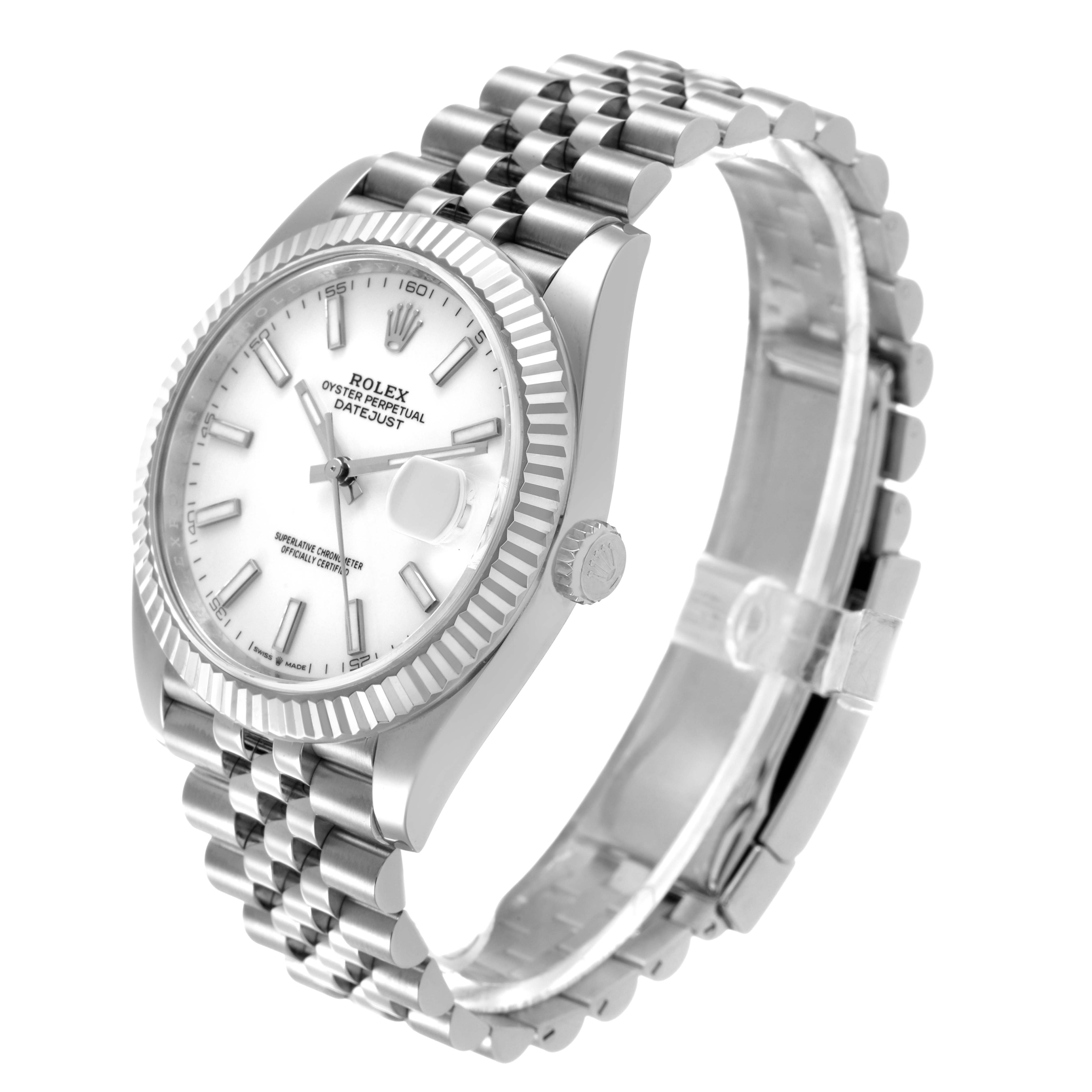The Rolex Datejust 41 126334 Men's Stainless Steel White Dial is shown at a three-quarter angle, displaying the face, bezel, crown, and part of the bracelet.