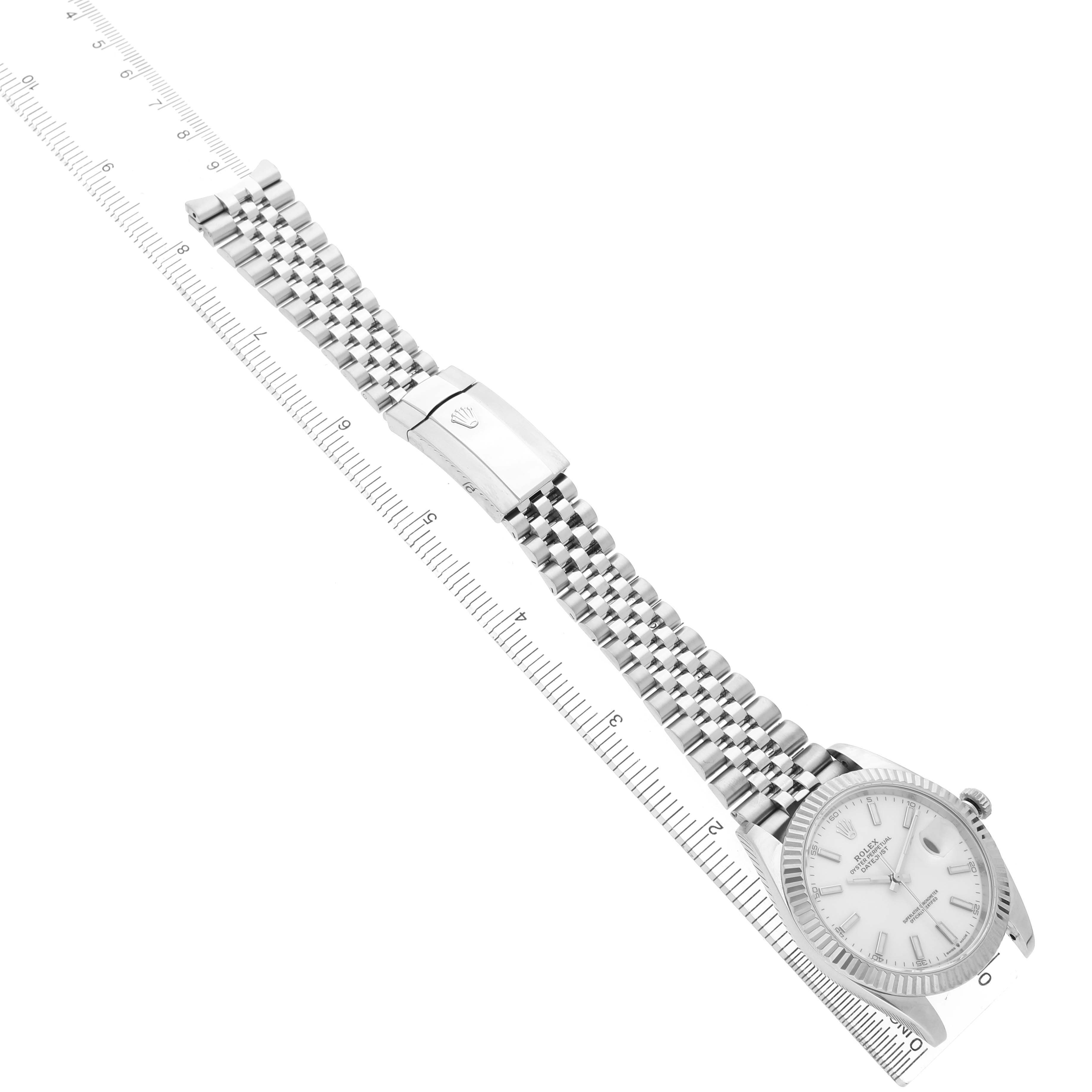 The Rolex Datejust 41 126334 Men's Stainless Steel White Dial is shown from an angled top view, highlighting the dial, bezel, bracelet, and clasp.