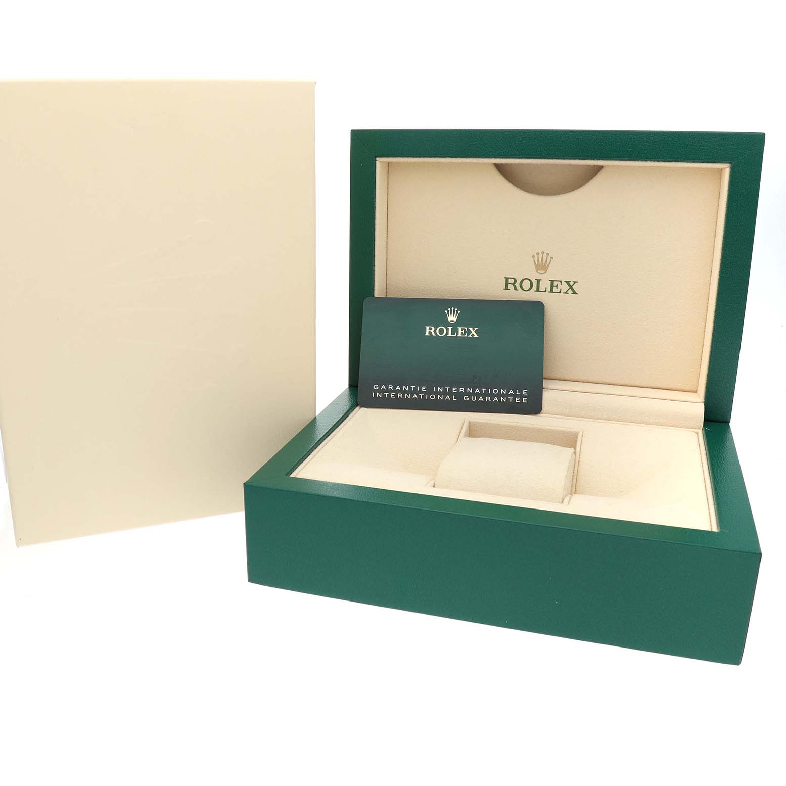 The image shows a Rolex Datejust 41 126334 Men's Stainless Steel White Dial watch box with an international guarantee card inside.