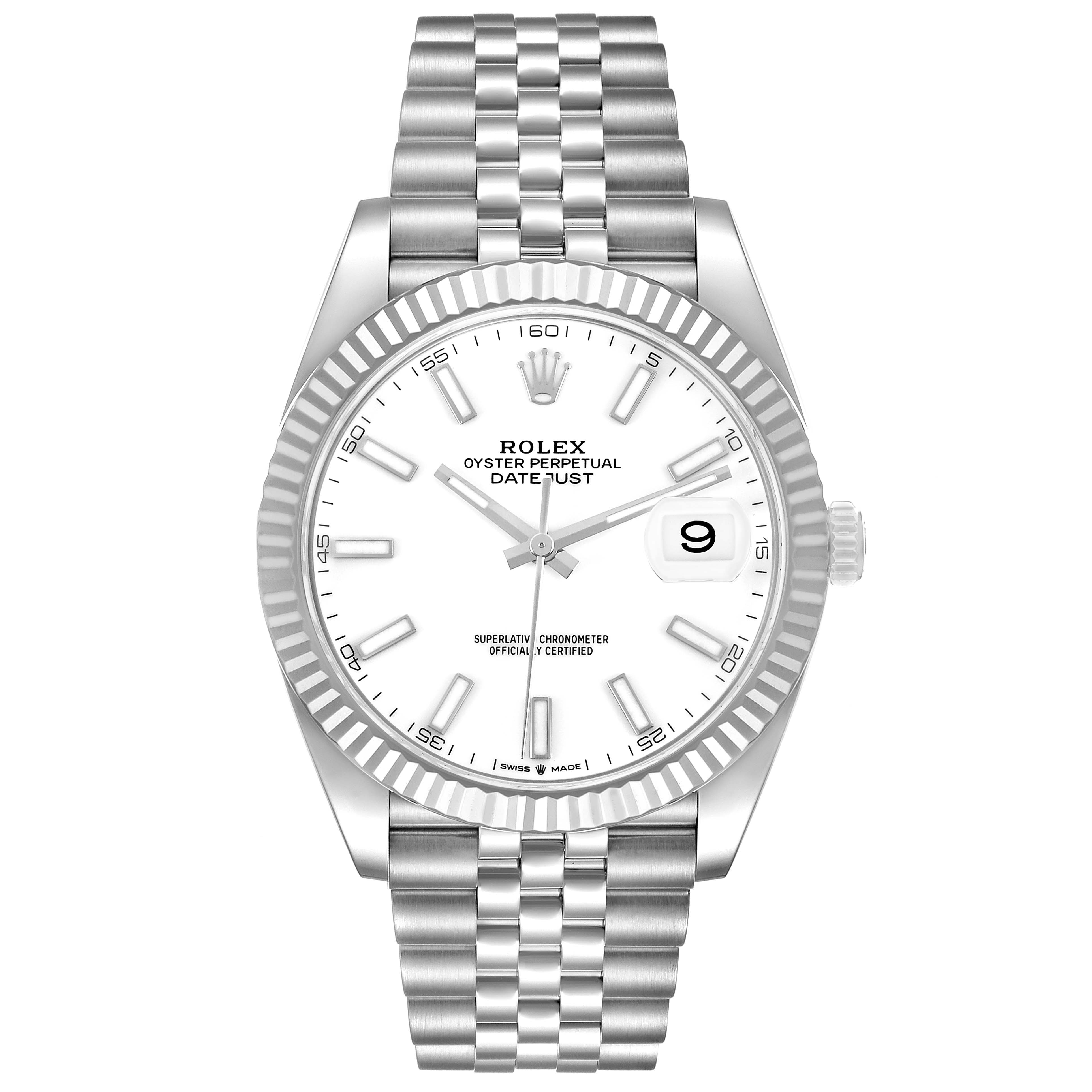 The Rolex Datejust 41 126334 Men's Stainless Steel White Dial is shown from the front, highlighting its fluted bezel, white dial, jubilee bracelet, and date window.
