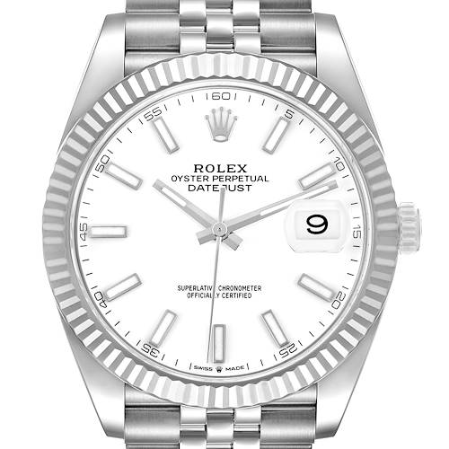 The Rolex Datejust 41 126334 Men's Stainless Steel White Dial watch is shown from the front, displaying the dial, bezel, crown, and part of the bracelet.