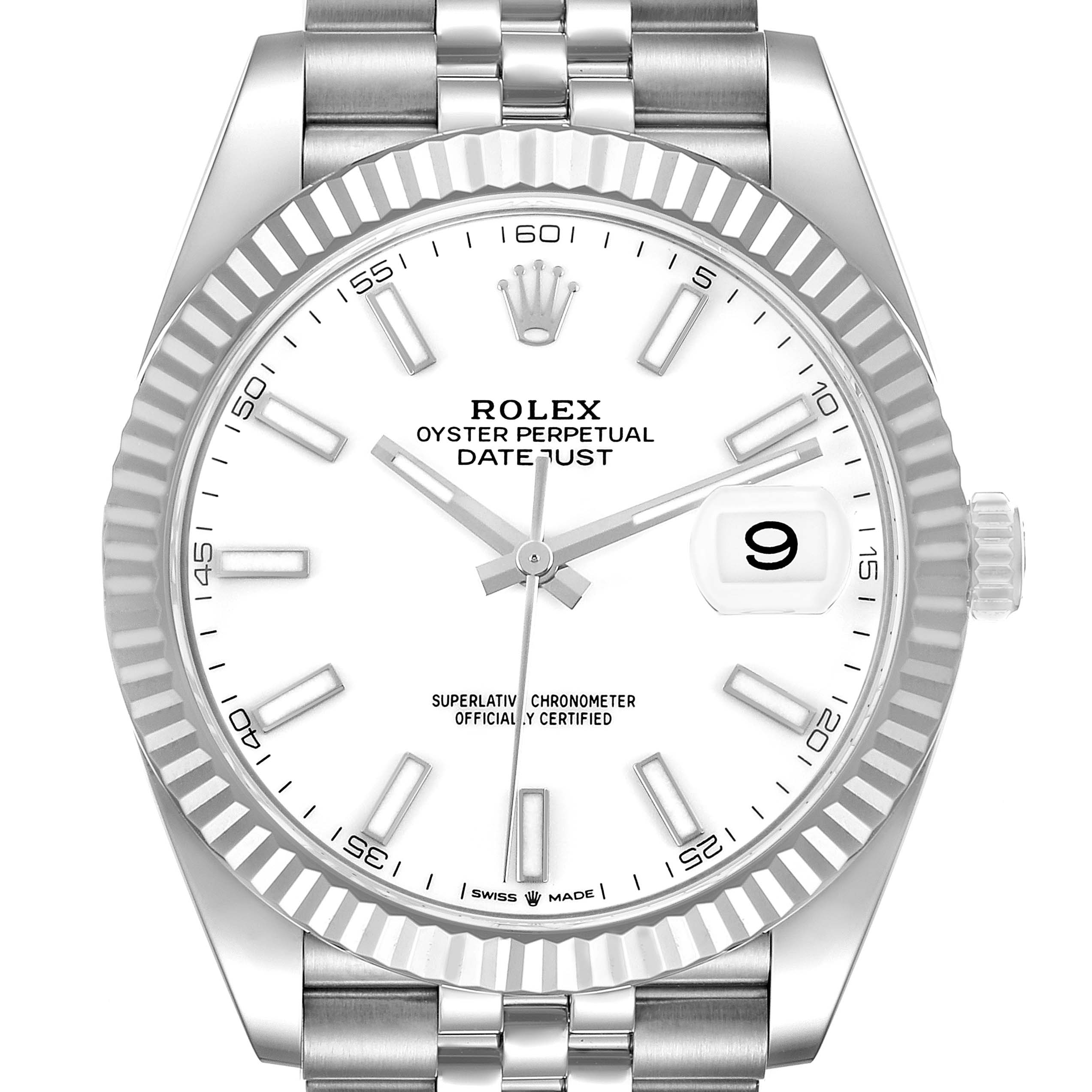The Rolex Datejust 41 126334 Men's Stainless Steel White Dial watch is shown from the front, featuring the dial, fluted bezel, crown, and part of the bracelet.