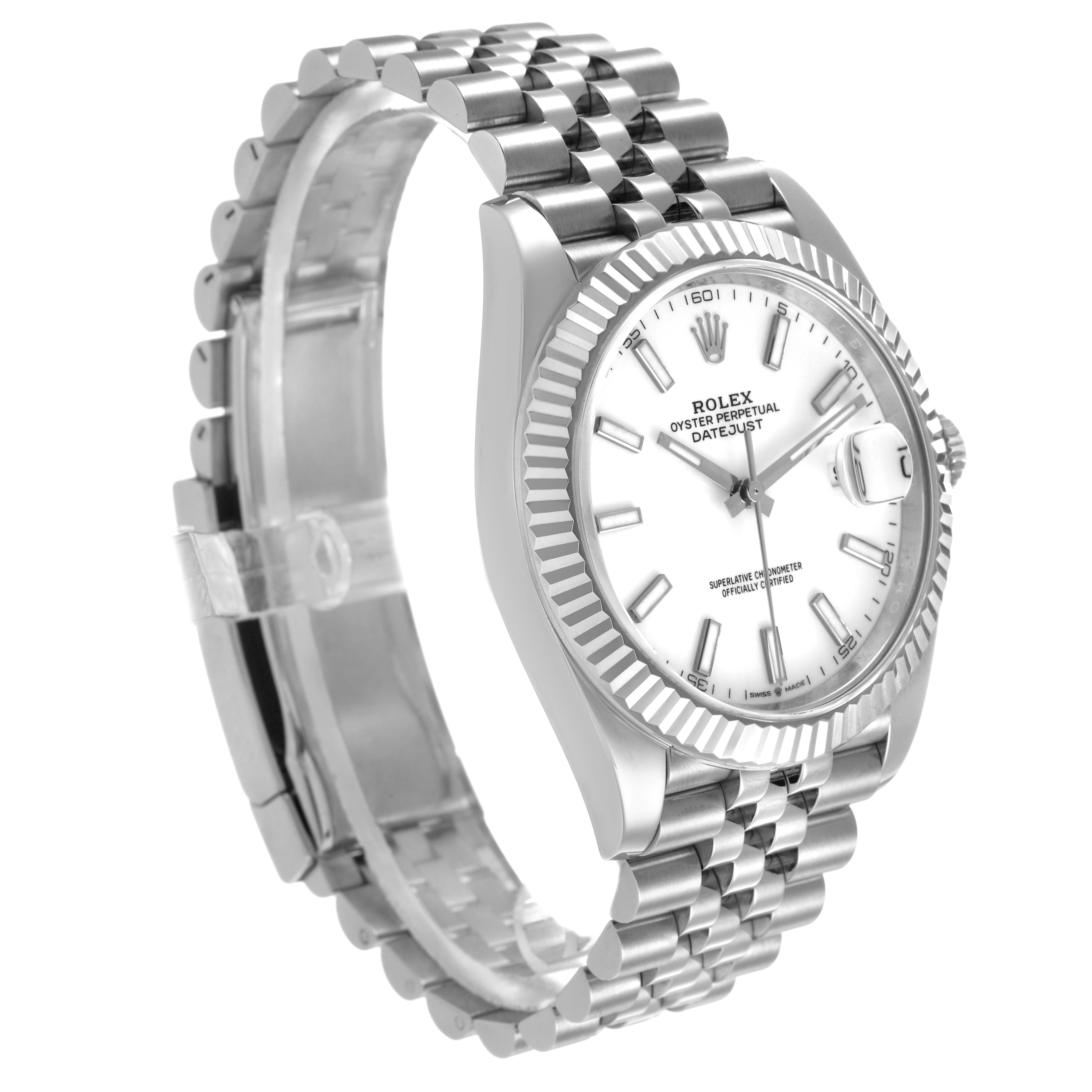 The image shows a Rolex Datejust 41 126334 Men's Stainless Steel White Dial at an angle highlighting the dial, fluted bezel, bracelet, and part of the clasp.