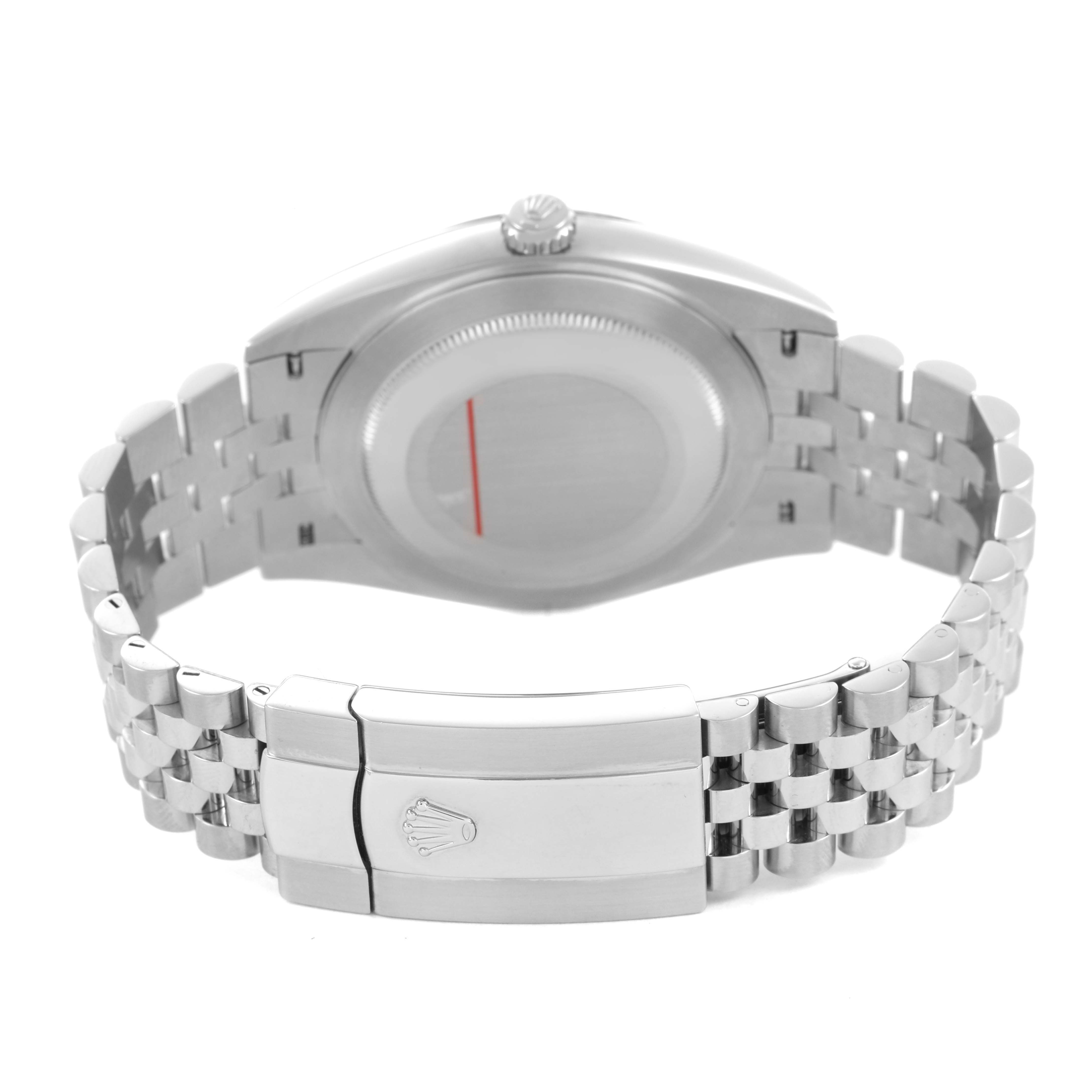 The image shows the back view of the Rolex Datejust 41 126334 Men's Stainless Steel White Dial, highlighting the case back and the Jubilee bracelet with clasp.