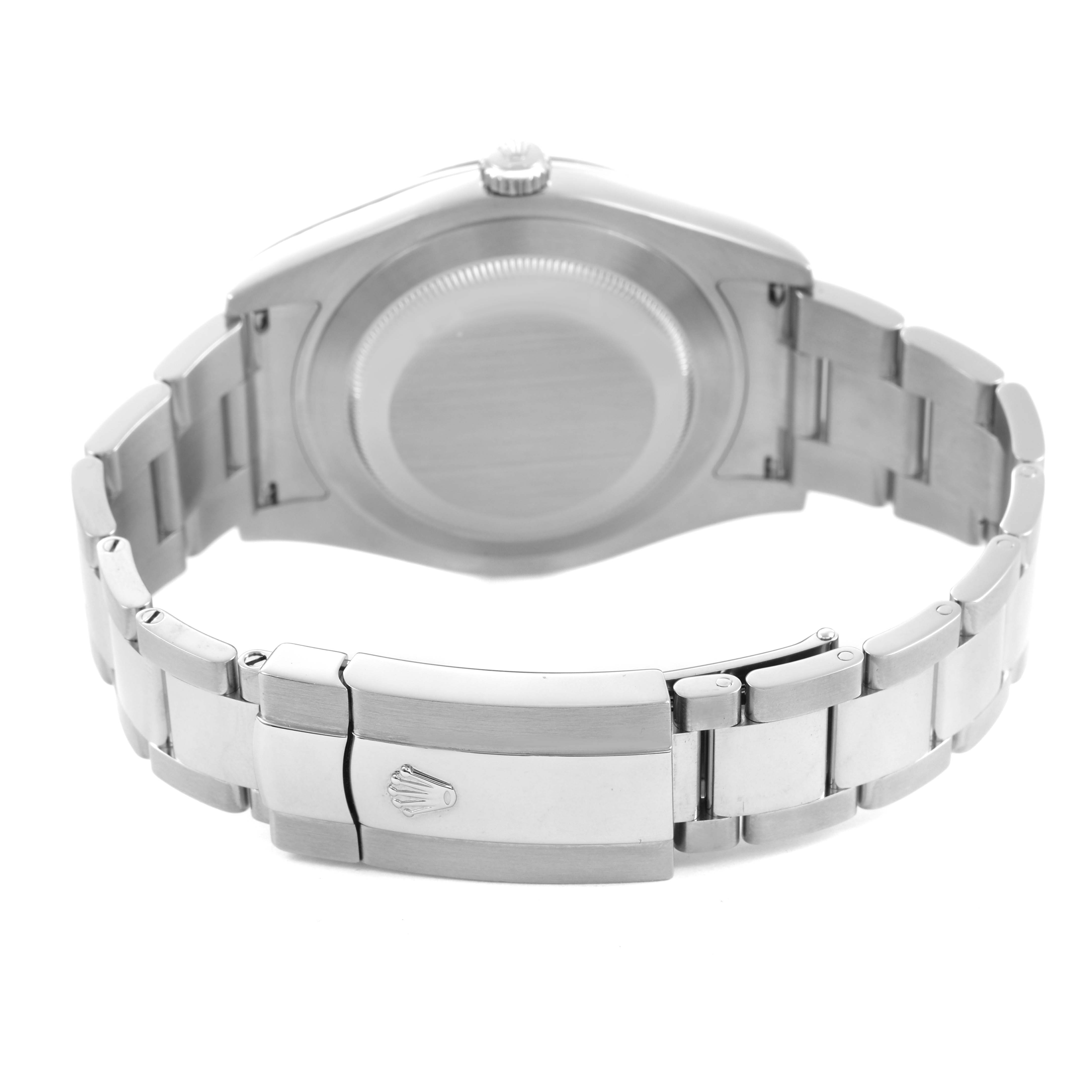 The image shows the back and clasp of the Rolex Datejust 41 116300 Men's Stainless Steel Blue Dial, highlighting the bracelet and case back.
