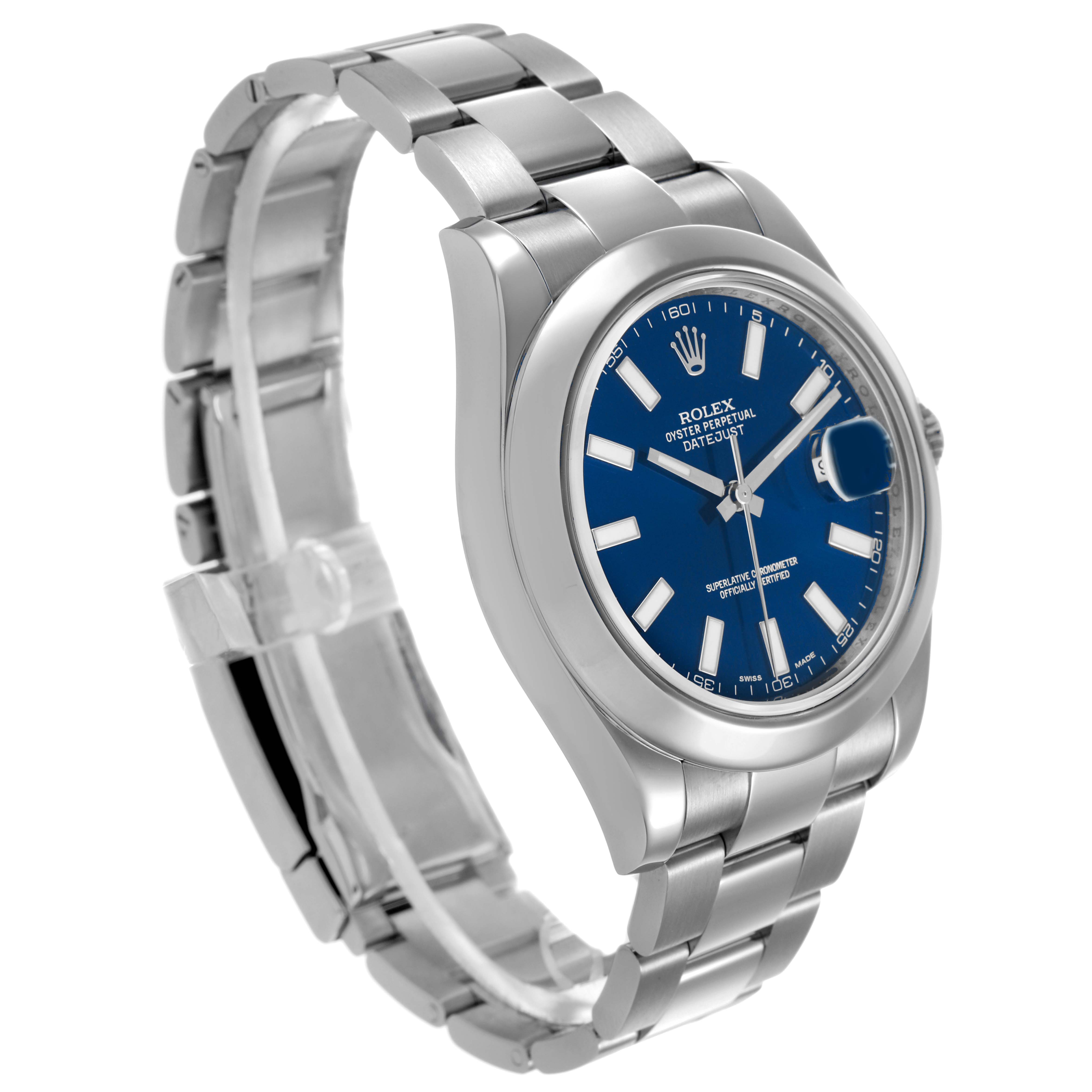 The Rolex Datejust 41 116300 Men's Stainless Steel Blue Dial is shown from a three-quarter angle featuring its blue dial, silver hour markers, and metal bracelet.