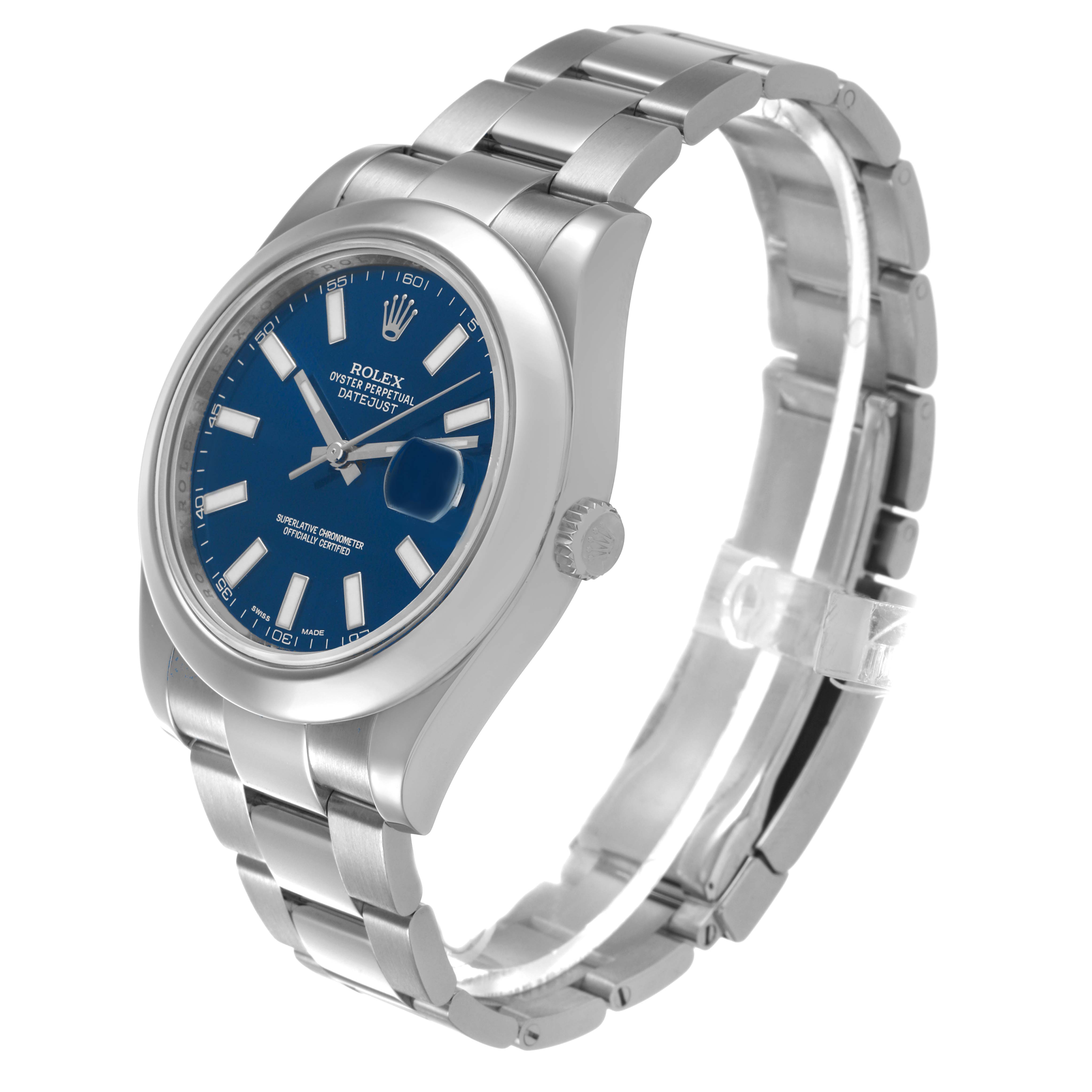 The Rolex Datejust 41 116300 Men's Stainless Steel Blue Dial is shown at a three-quarter angle, highlighting the face, bezel, crown, and bracelet.