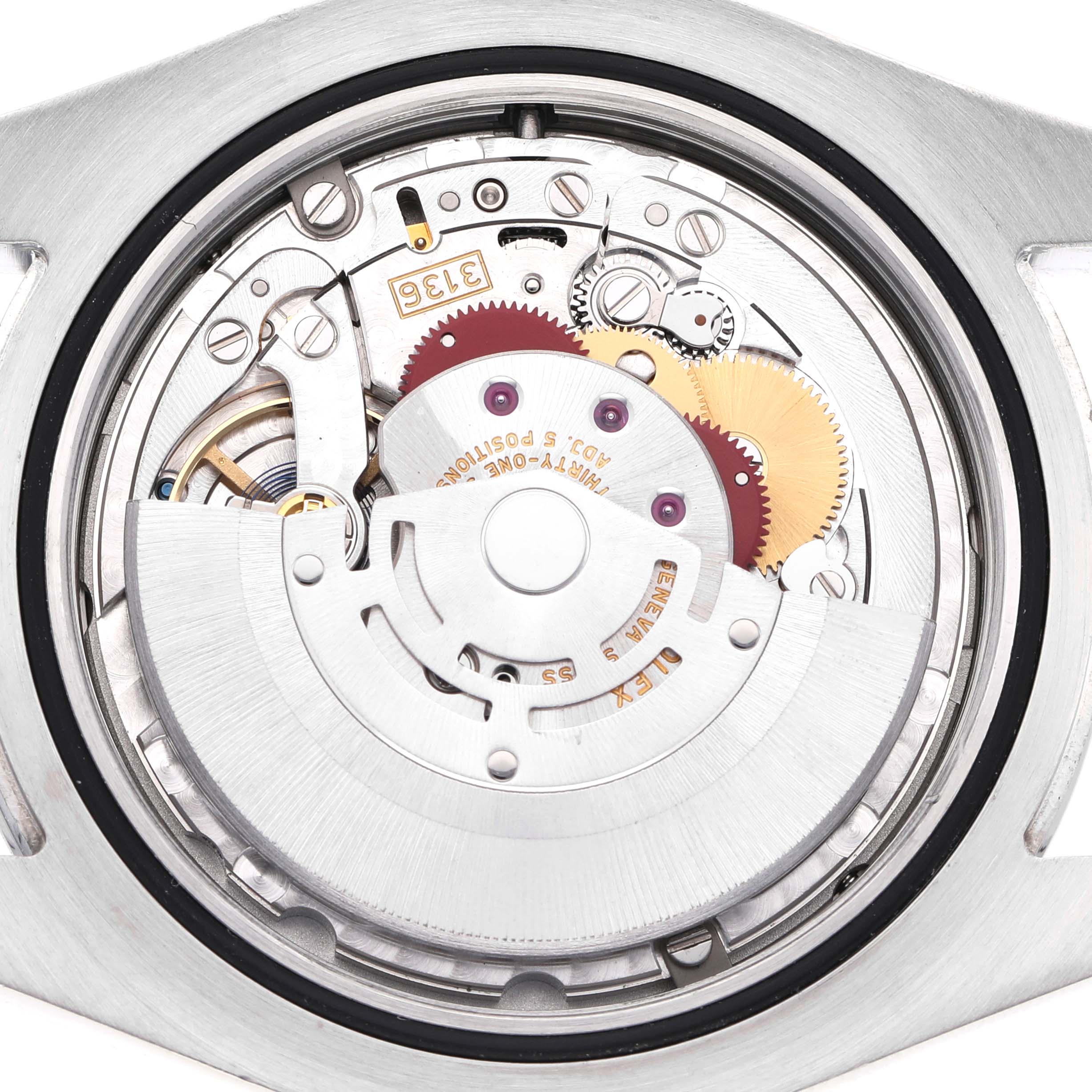 The image shows the movement of a Rolex Datejust 41 116300 Men's Stainless Steel Blue Dial watch from a top-down perspective.