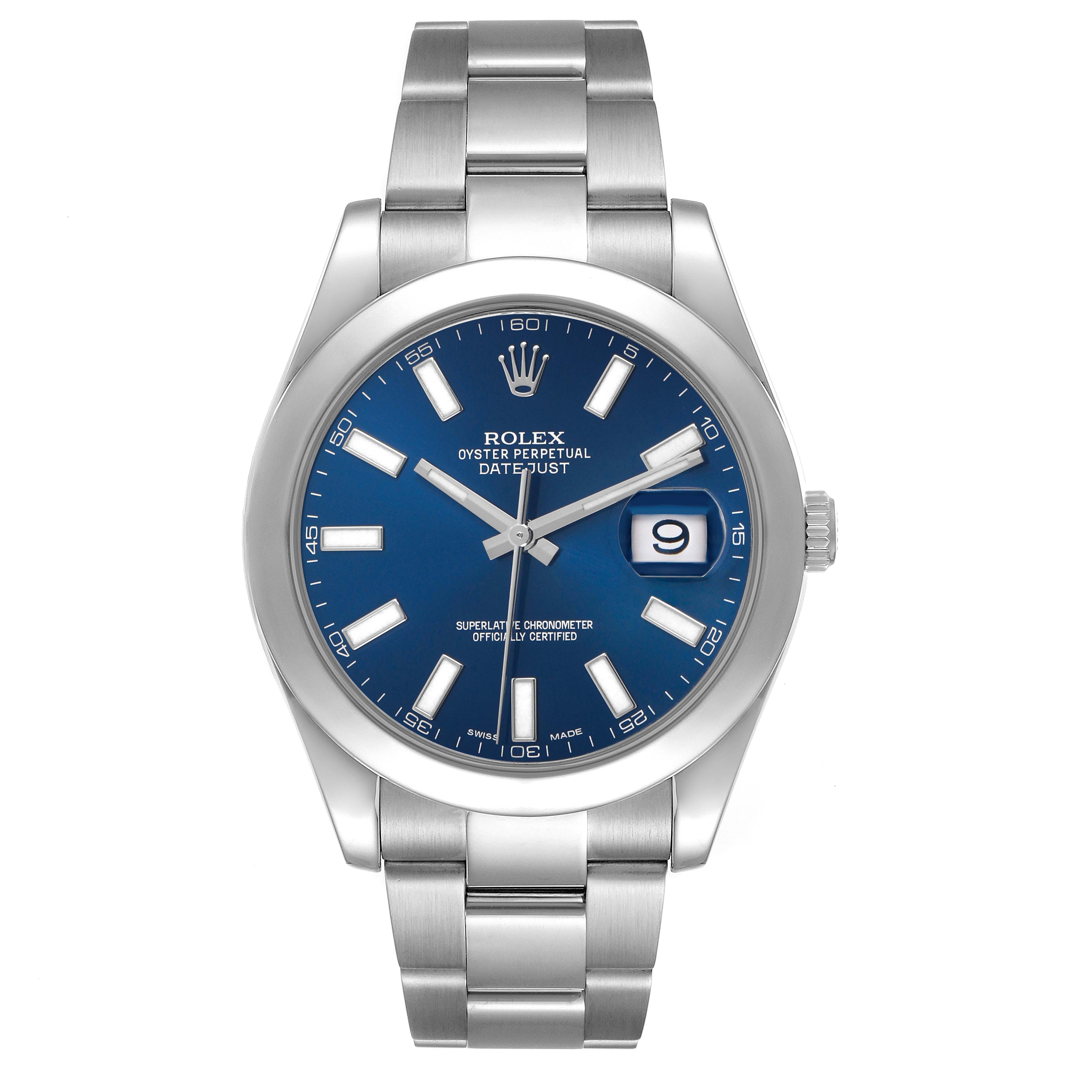 The image shows a Rolex Datejust 41 116300 Men's Stainless Steel Blue Dial watch from a front view, highlighting its blue dial, silver hour markers, and stainless steel bracelet.