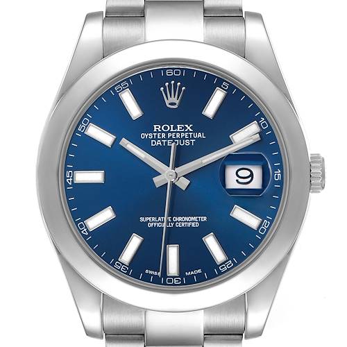 The Rolex Datejust 41 116300 Men's Stainless Steel Blue Dial is shown from a top view, highlighting the blue dial, indices, bezel, and bracelet.