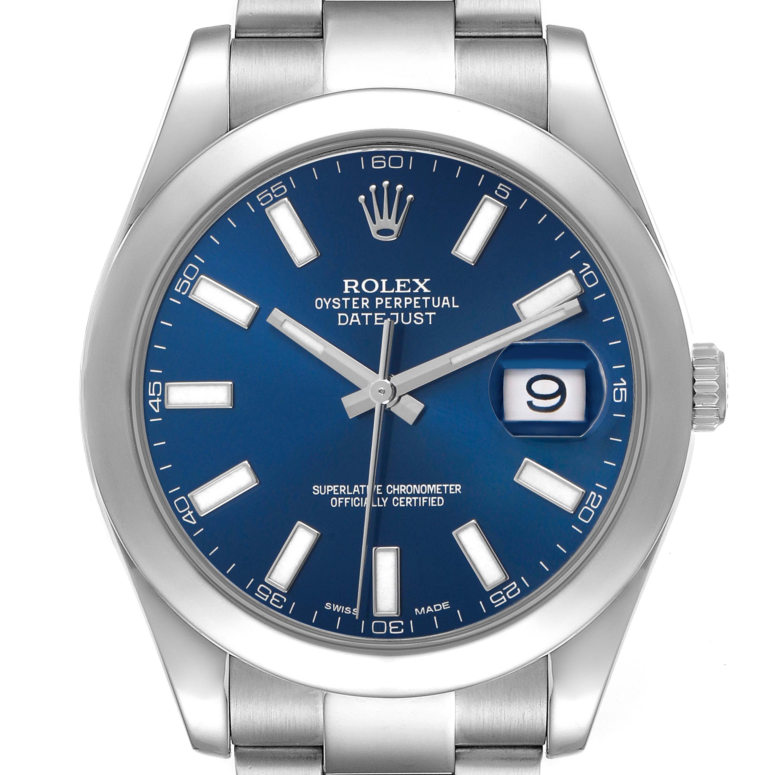 The Rolex Datejust 41 116300 Men's Stainless Steel Blue Dial watch is shown from the front, highlighting the blue dial, date window, and stainless steel bracelet.