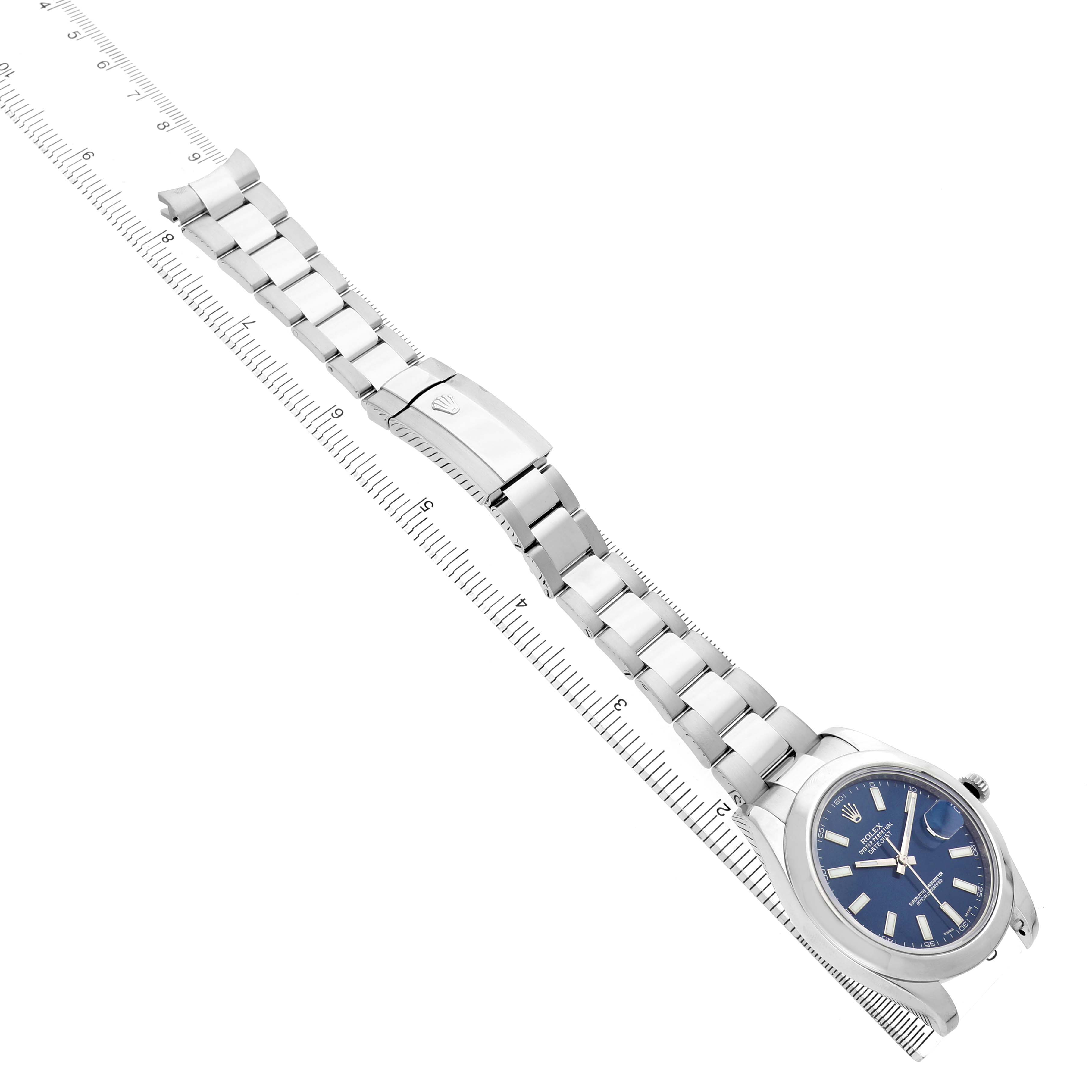 The Rolex Datejust 41 116300 Men's Stainless Steel Blue Dial is shown from an angled top view, featuring the watch face, bracelet, and clasp.