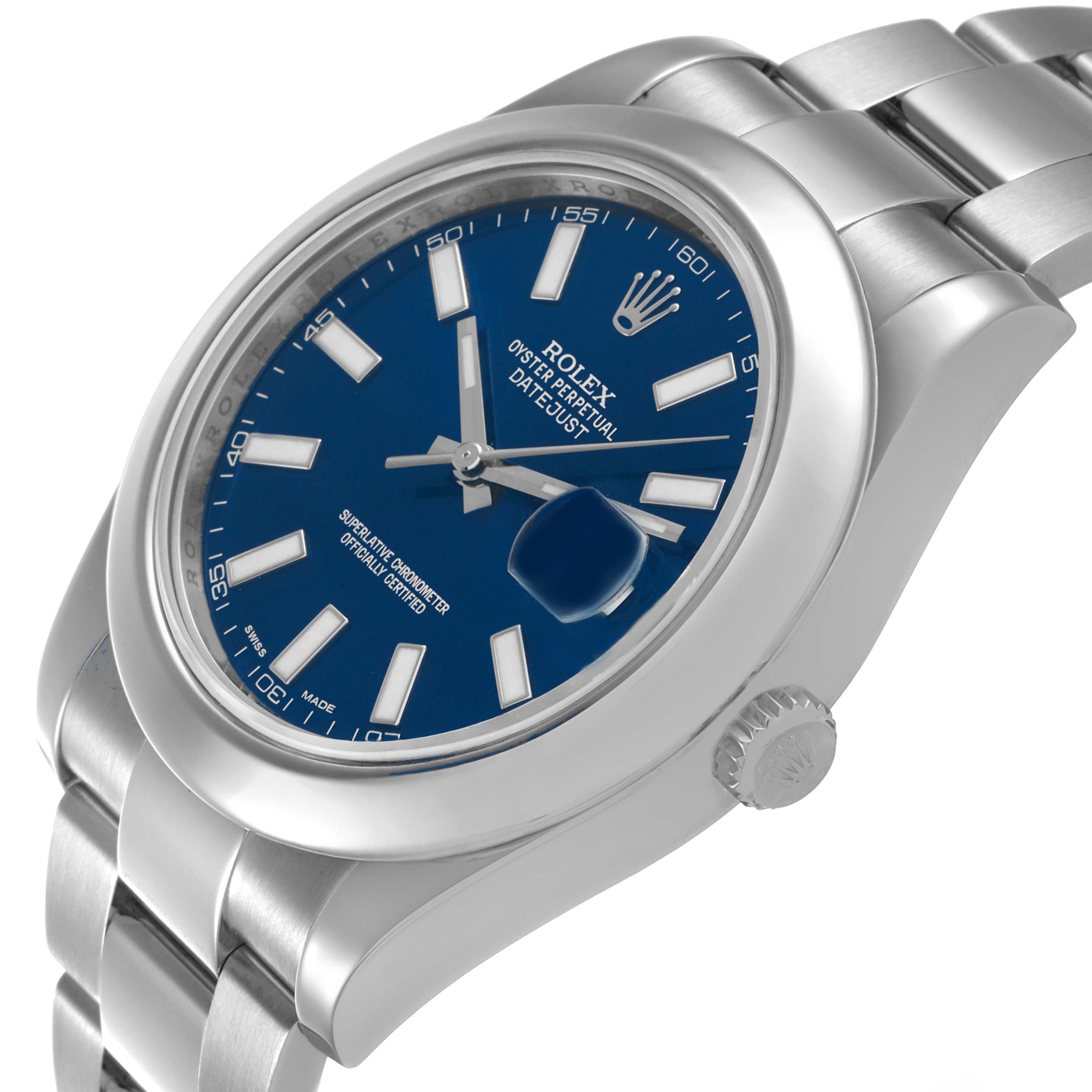 The Rolex Datejust 41 116300 Men's Stainless Steel Blue Dial is shown at an angle highlighting the blue dial, crown, and bezel with a partial view of the bracelet.
