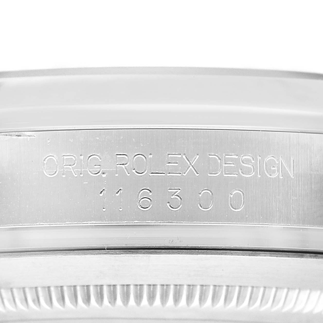 The image shows a close-up of the side of the Rolex Datejust 41 116300 Men's Stainless Steel Blue Dial, featuring the engraved design and model number.