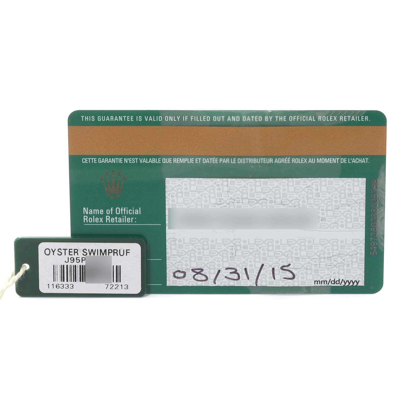 The image shows the official guarantee card and Oyster Swimpruf tag for a Rolex Datejust model.