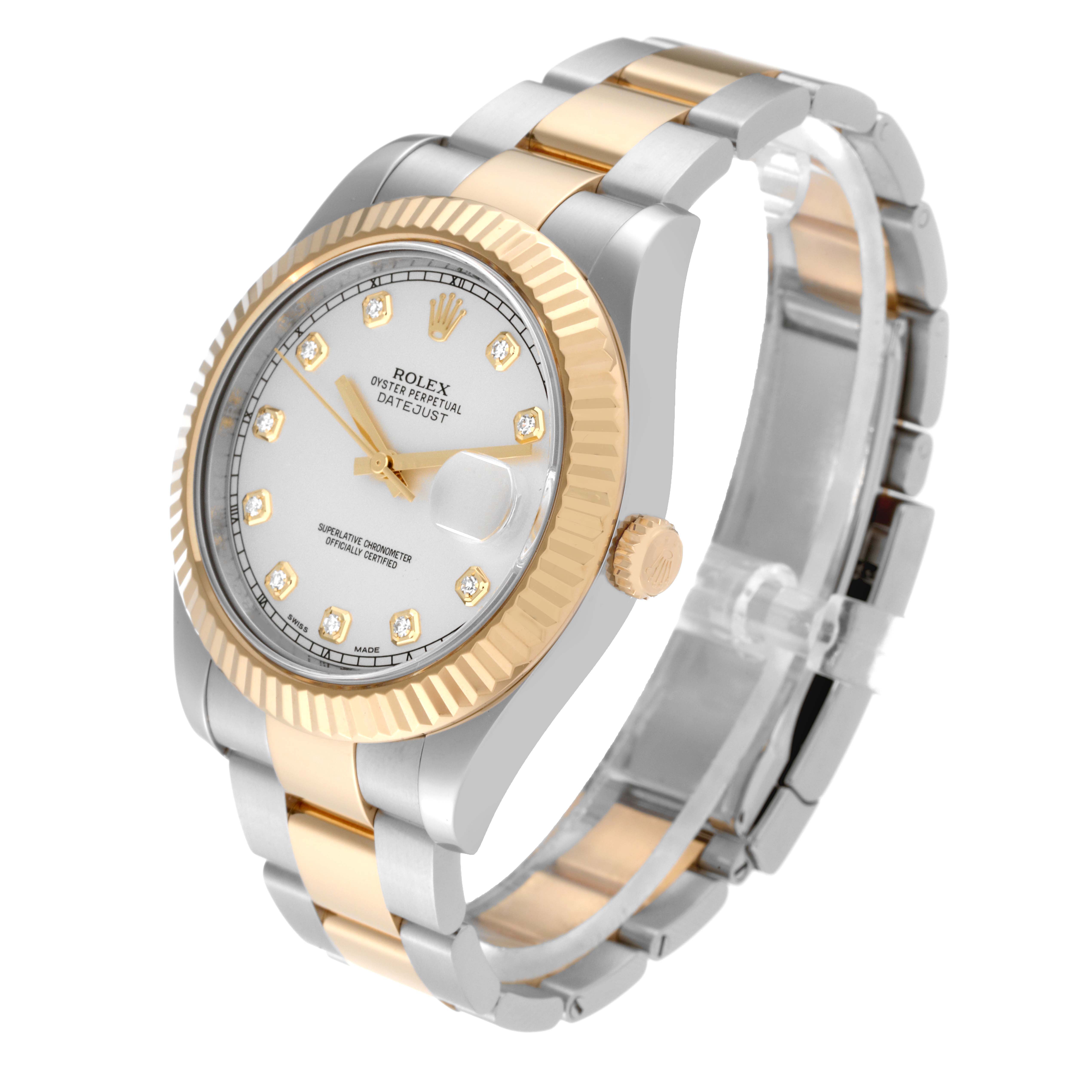 The Rolex Datejust watch is shown from an angled side view highlighting the dial, bezel, and bracelet.
