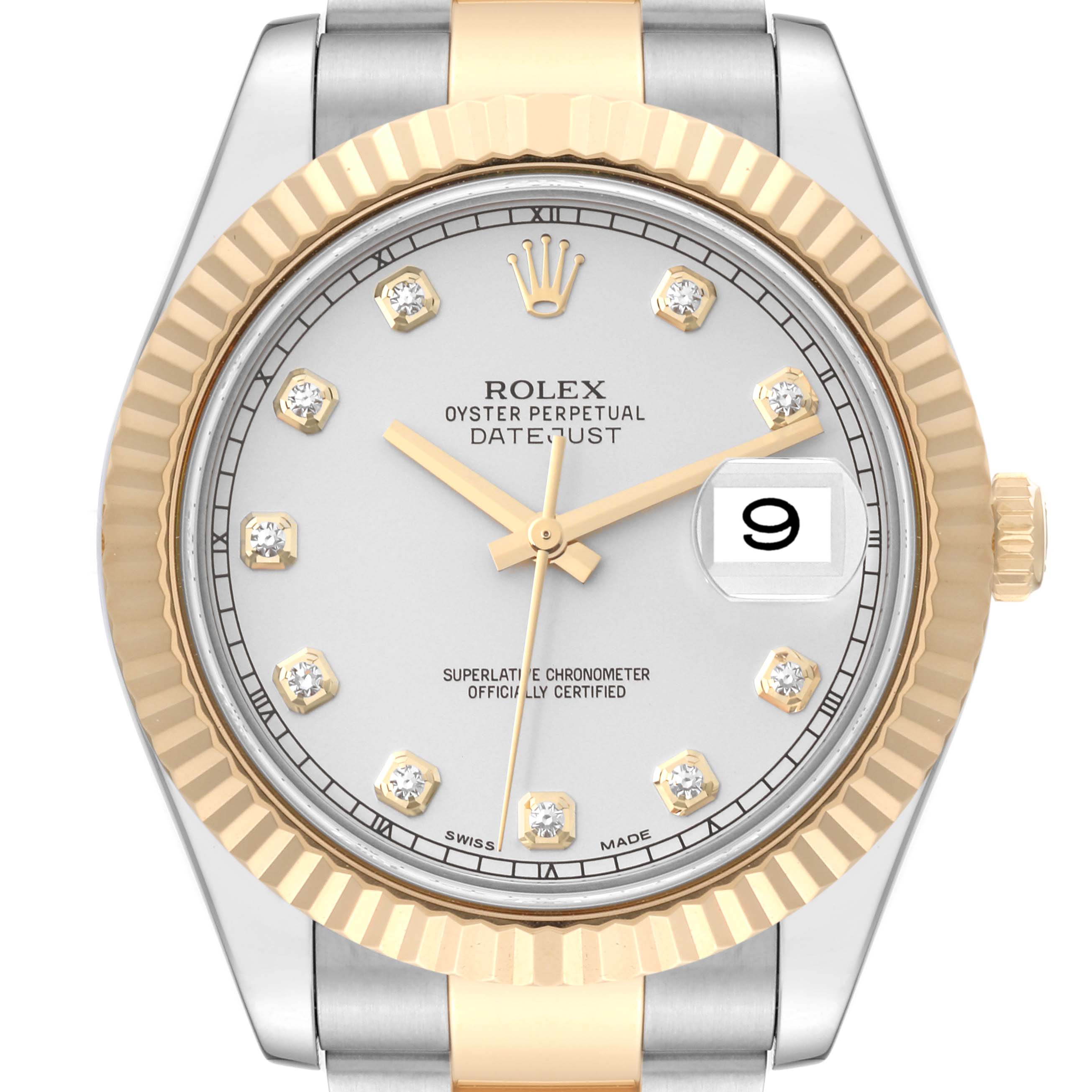 This image shows a close-up, front view of the face of a Rolex Datejust watch, showcasing its dial, hands, indices, and fluted bezel.